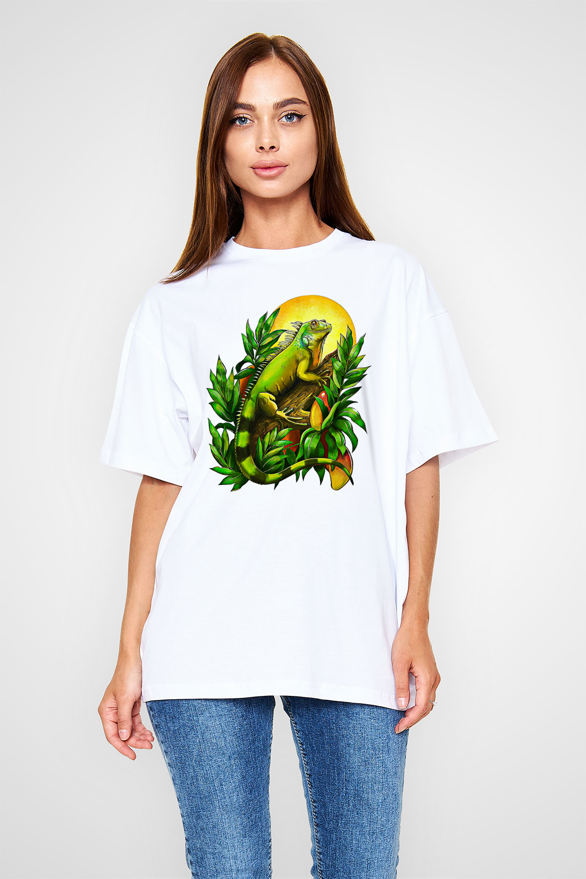 İguana Baskılı Beyaz Unisex Oversize Tişört - Tshirt