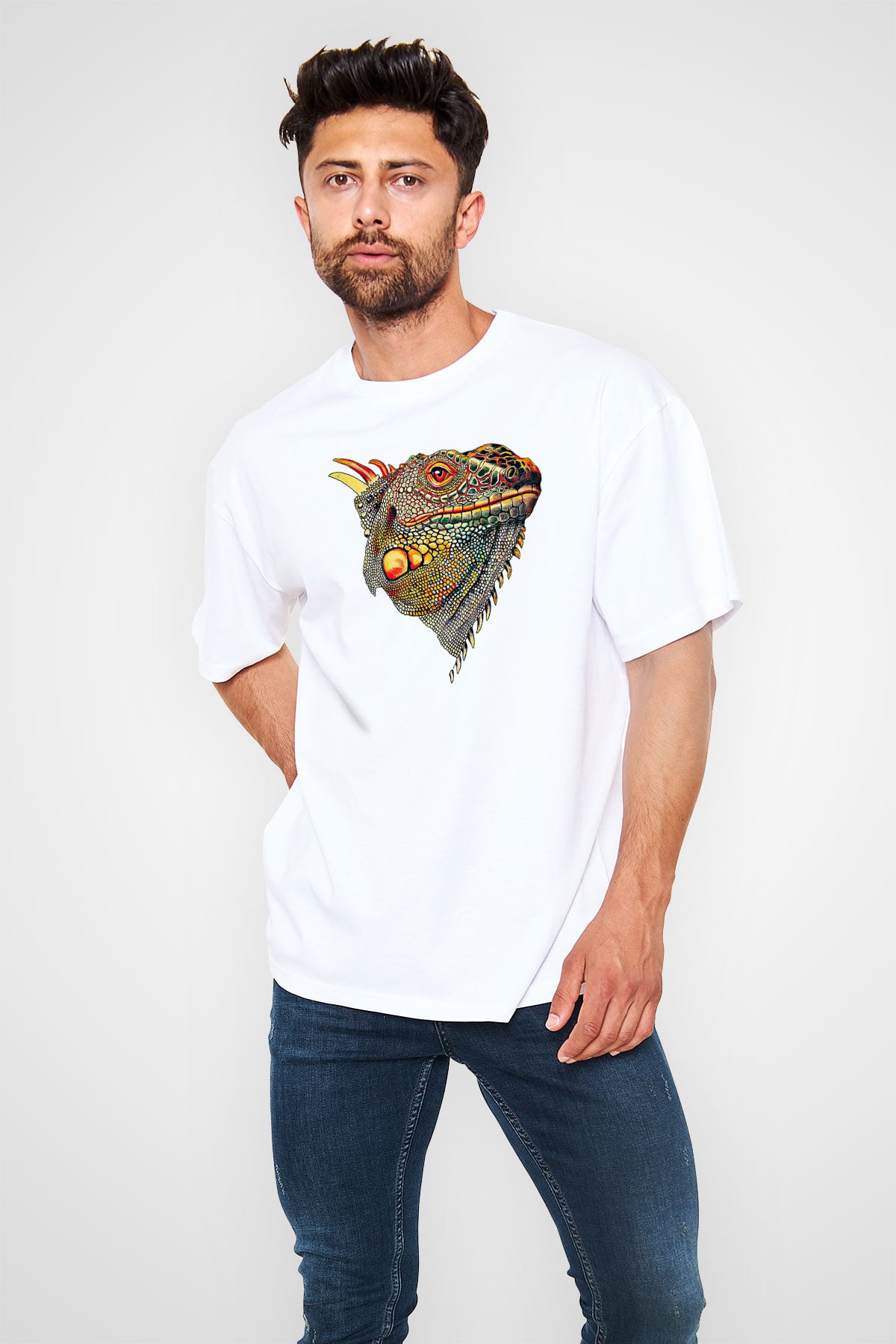 İguana Baskılı Beyaz Unisex Oversize Tişört - Tshirt