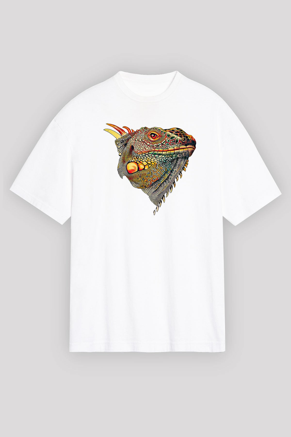 İguana Baskılı Beyaz Unisex Oversize Tişört - Tshirt