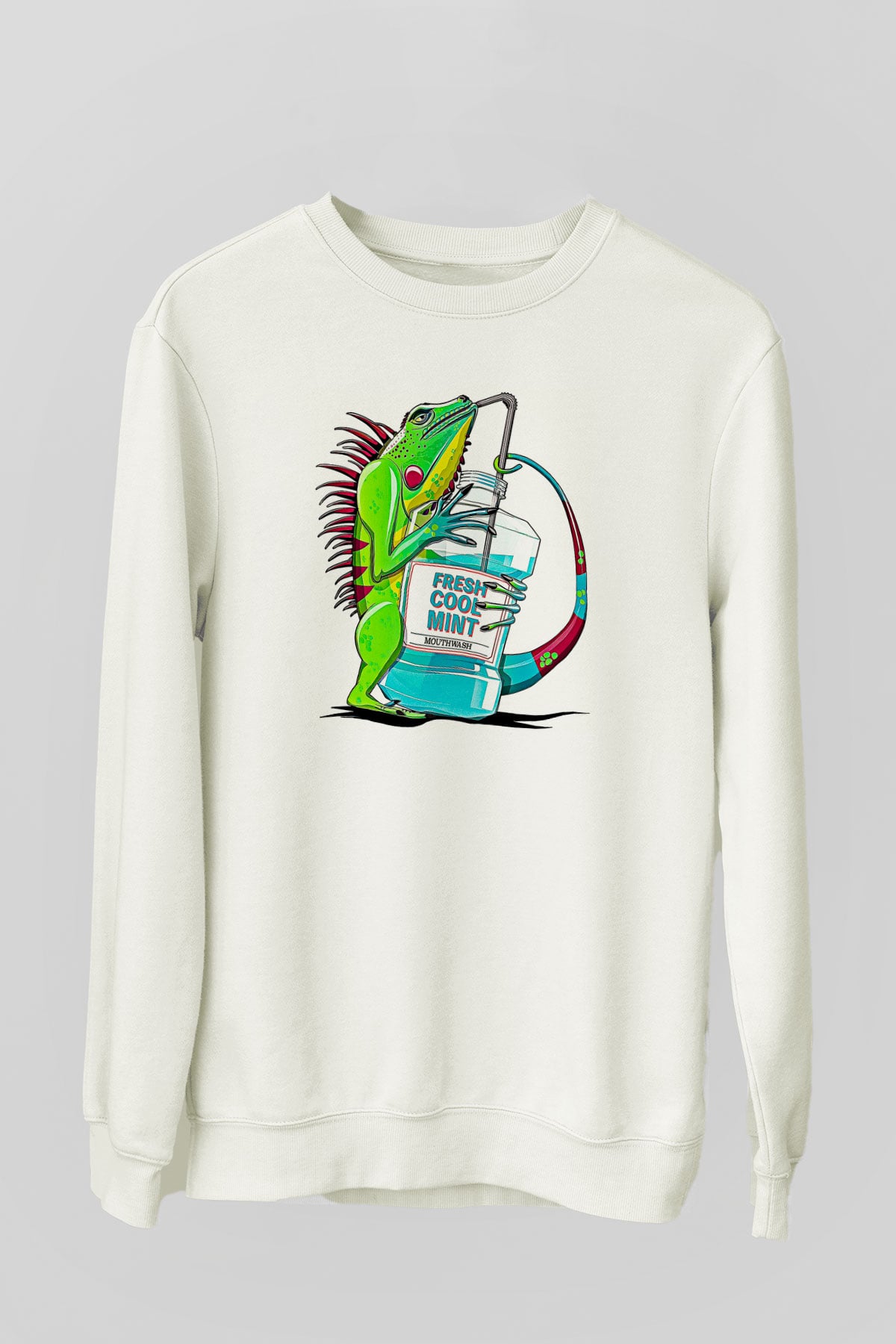 İguana Baskılı Beyaz Unisex Sweatshirt