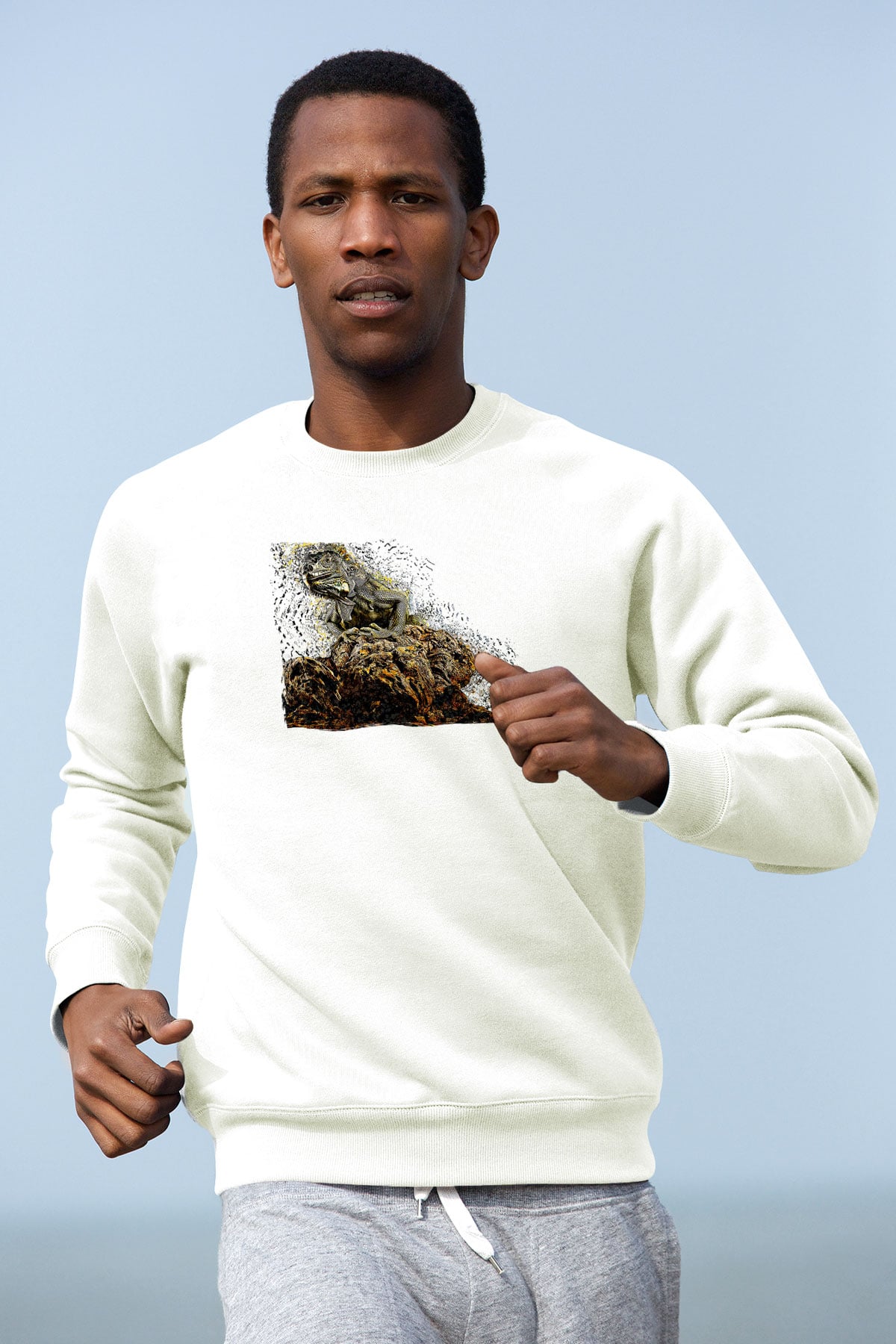 İguana Baskılı Beyaz Unisex Sweatshirt