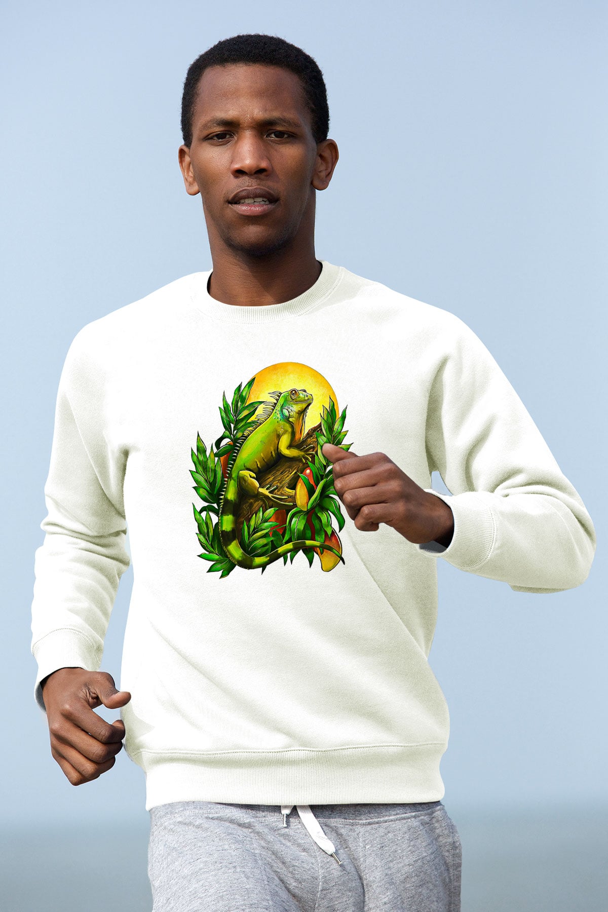 İguana Baskılı Beyaz Unisex Sweatshirt