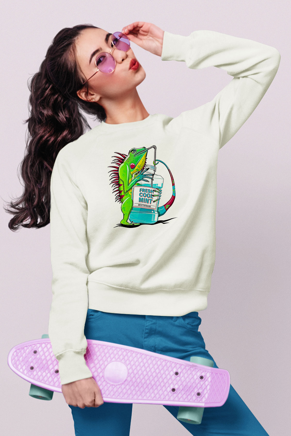 İguana Baskılı Beyaz Unisex Sweatshirt