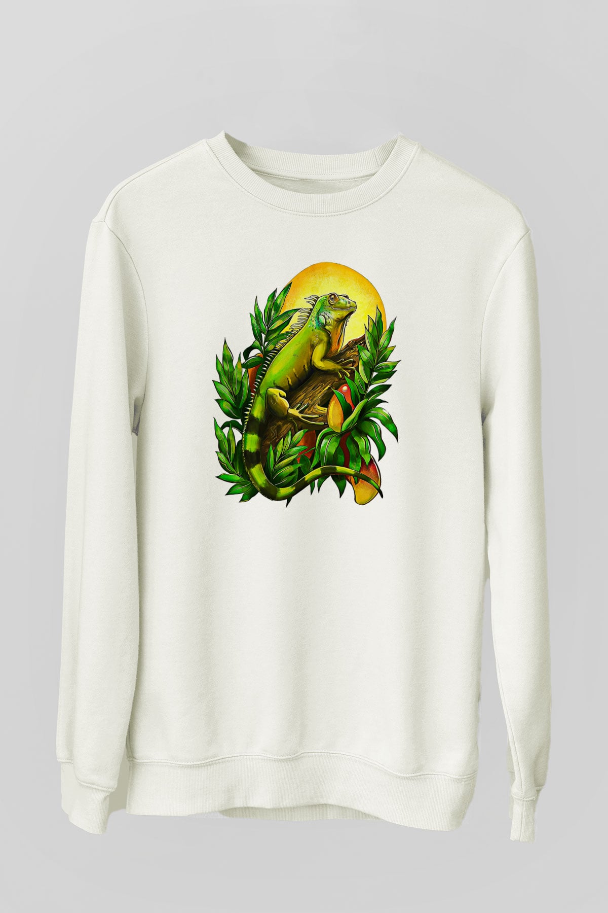 İguana Baskılı Beyaz Unisex Sweatshirt