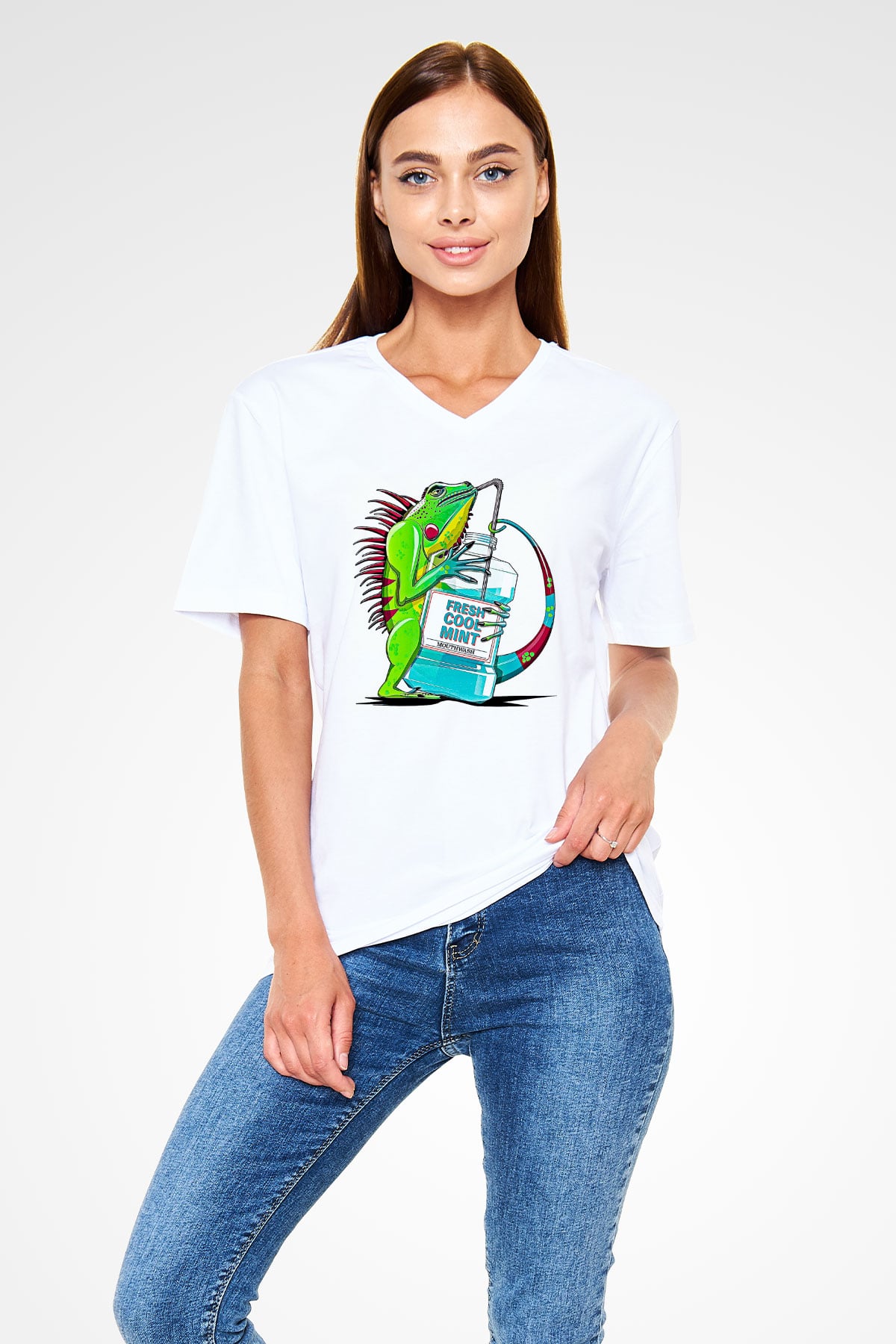 İguana Baskılı Beyaz Unisex V Yaka Tişört - Tshirt