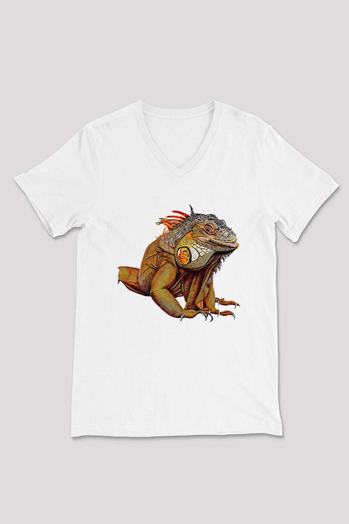 İguana Baskılı Beyaz Unisex V Yaka Tişört - Tshirt