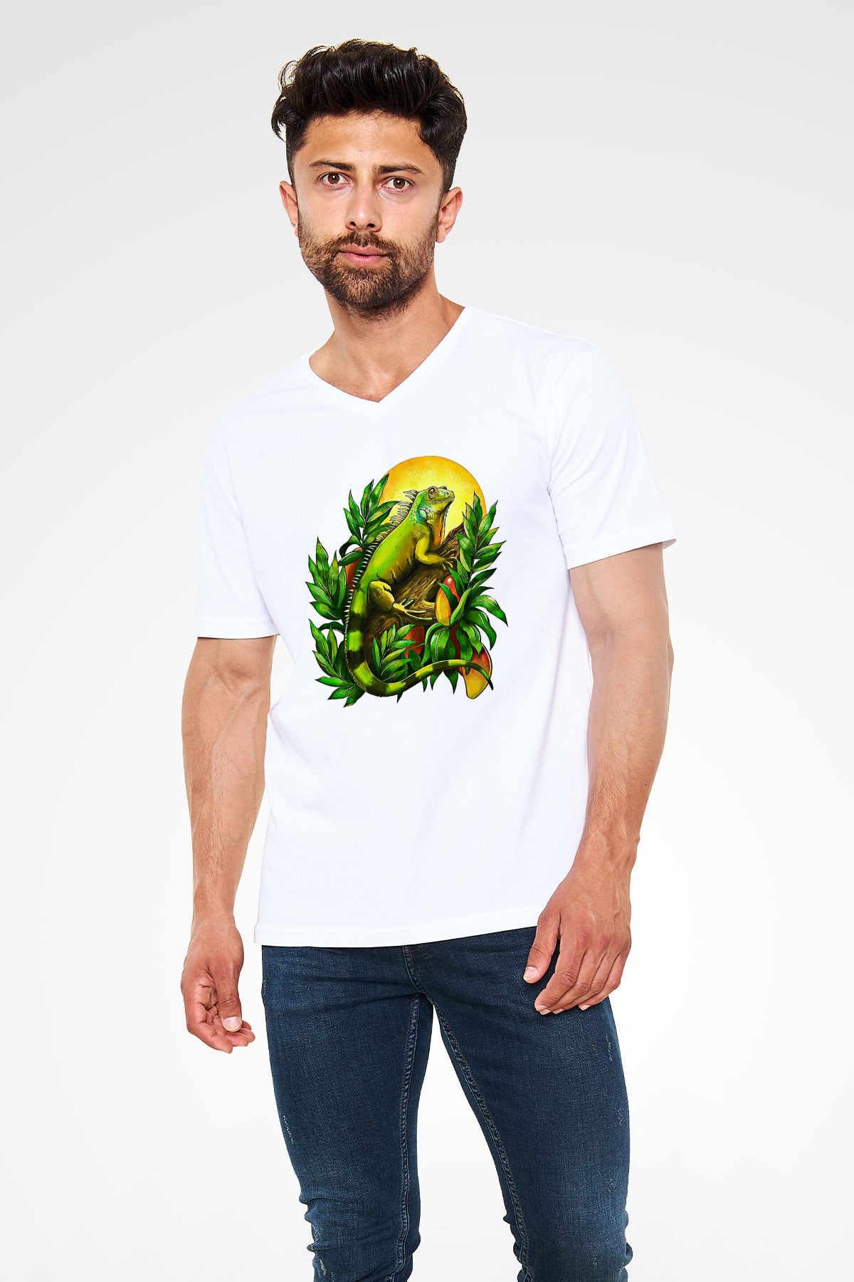 İguana Baskılı Beyaz Unisex V Yaka Tişört - Tshirt