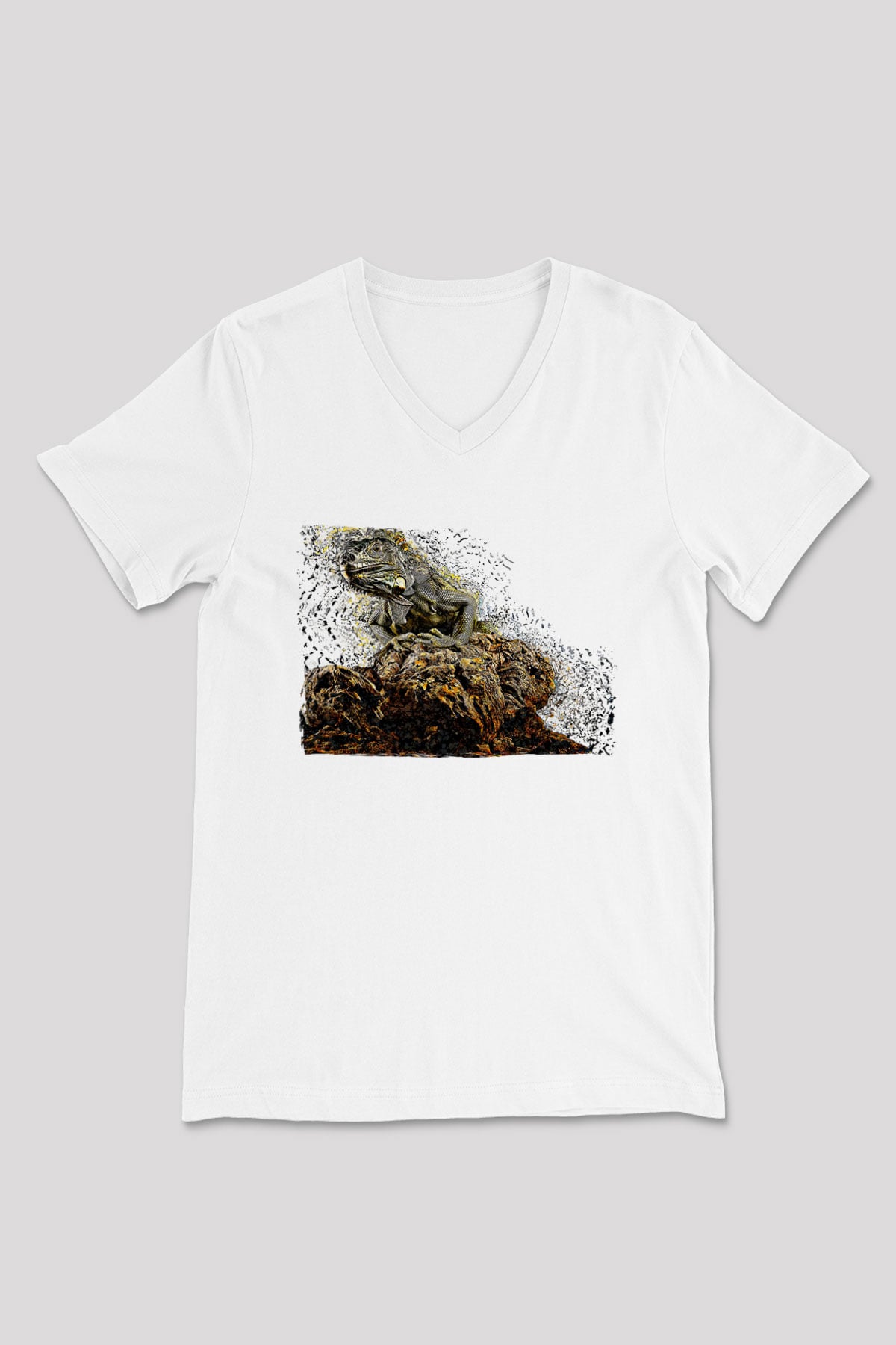 İguana Baskılı Beyaz Unisex V Yaka Tişört - Tshirt