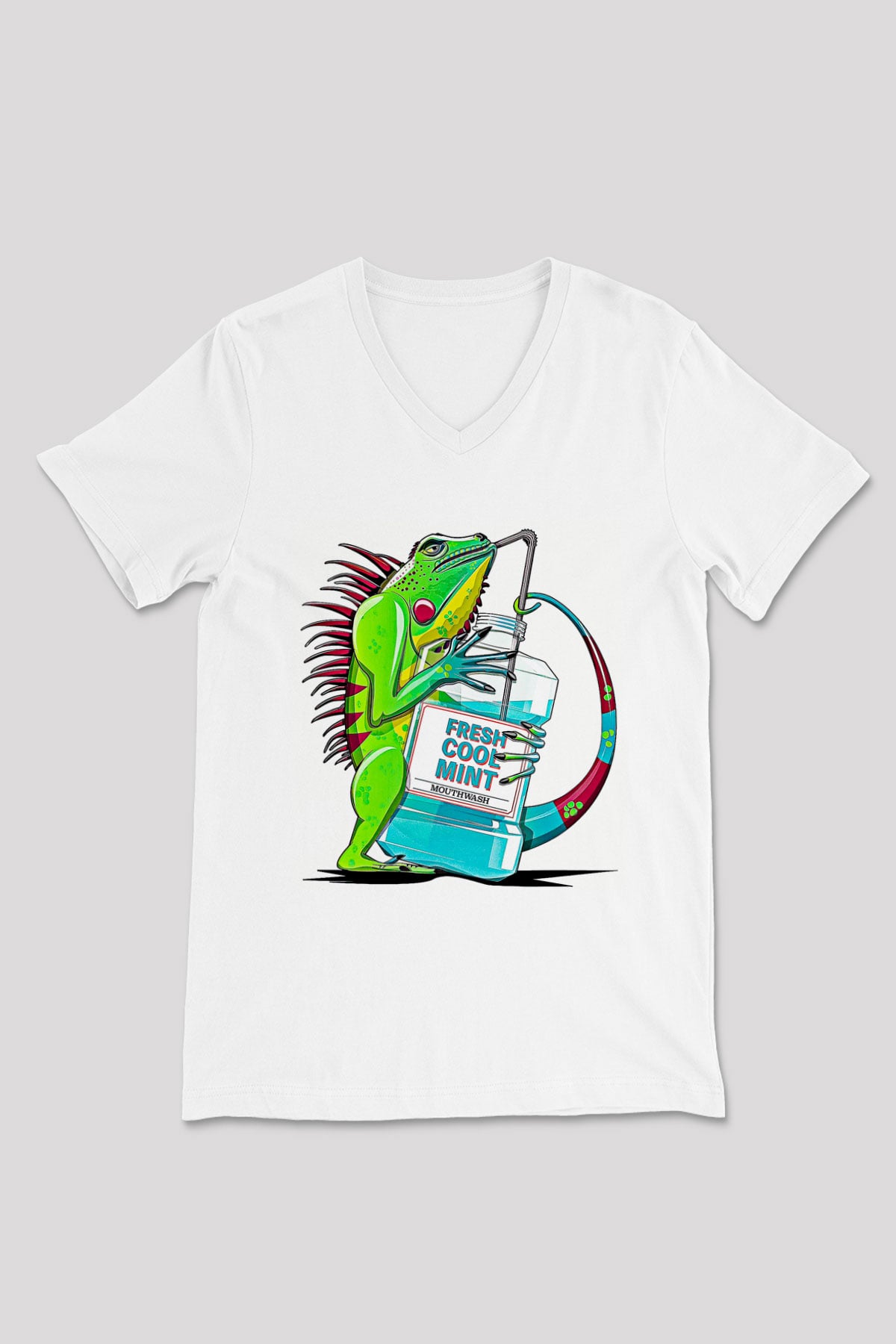 İguana Baskılı Beyaz Unisex V Yaka Tişört - Tshirt