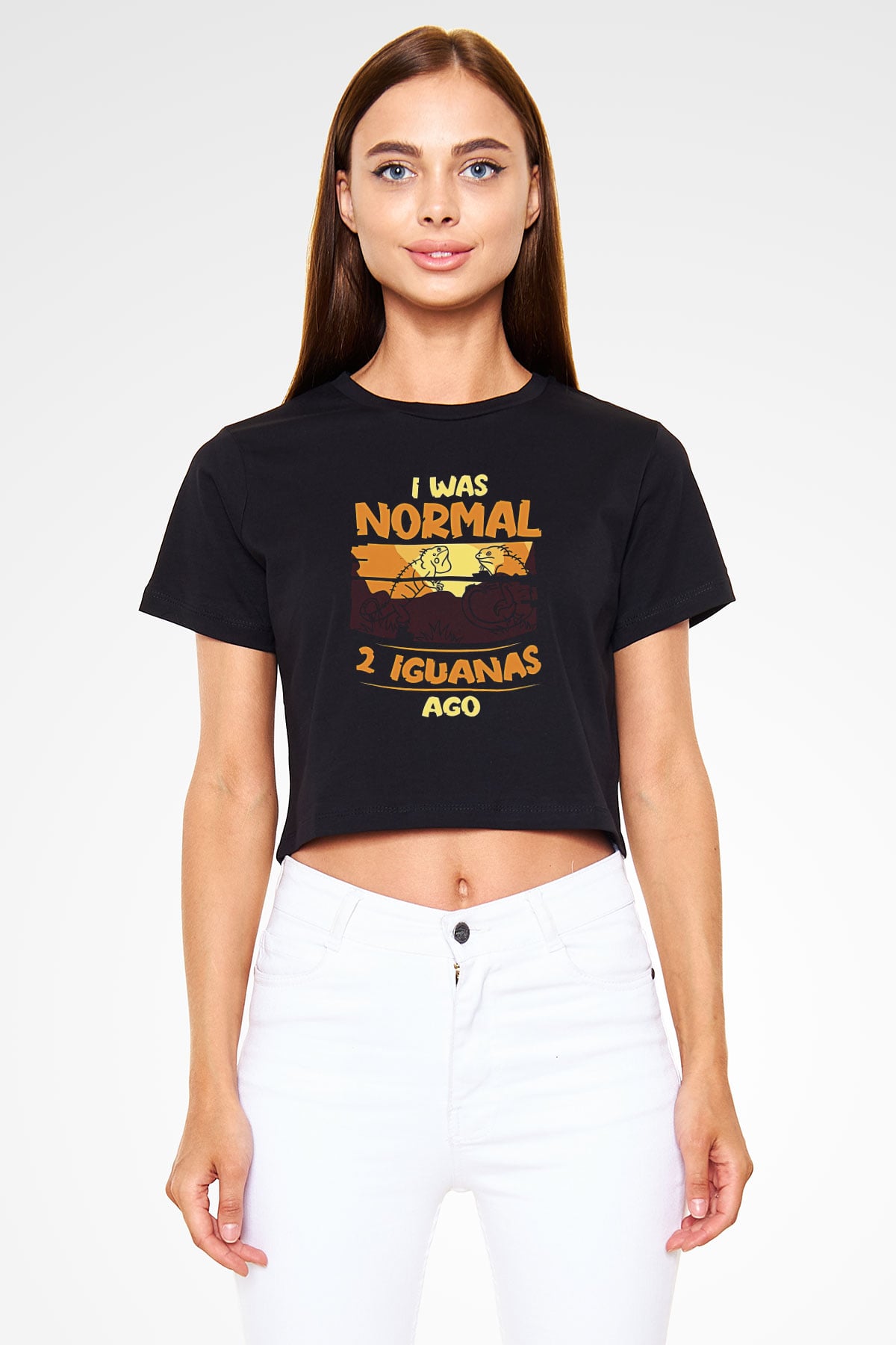 İguana Baskılı Siyah Crop Top Kadın Tişört - Tshirt