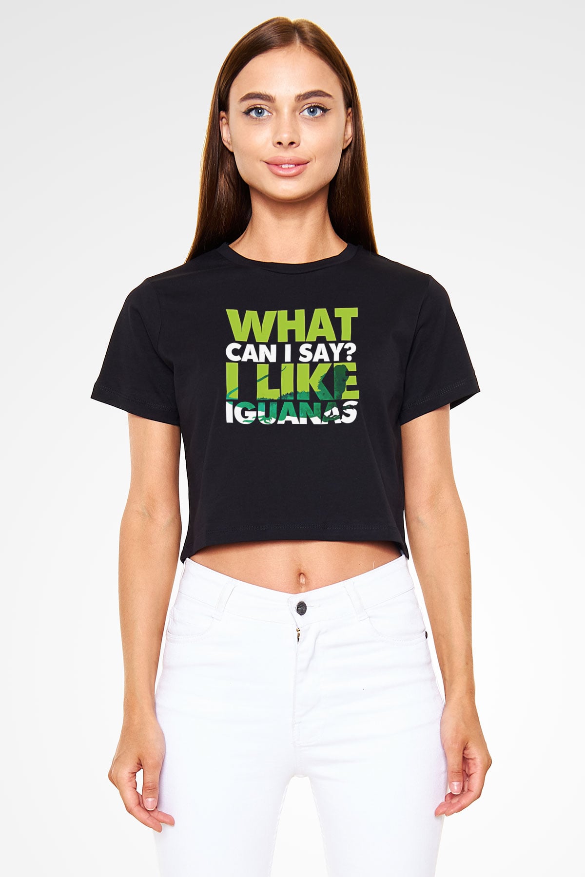 İguana Baskılı Siyah Crop Top Kadın Tişört - Tshirt