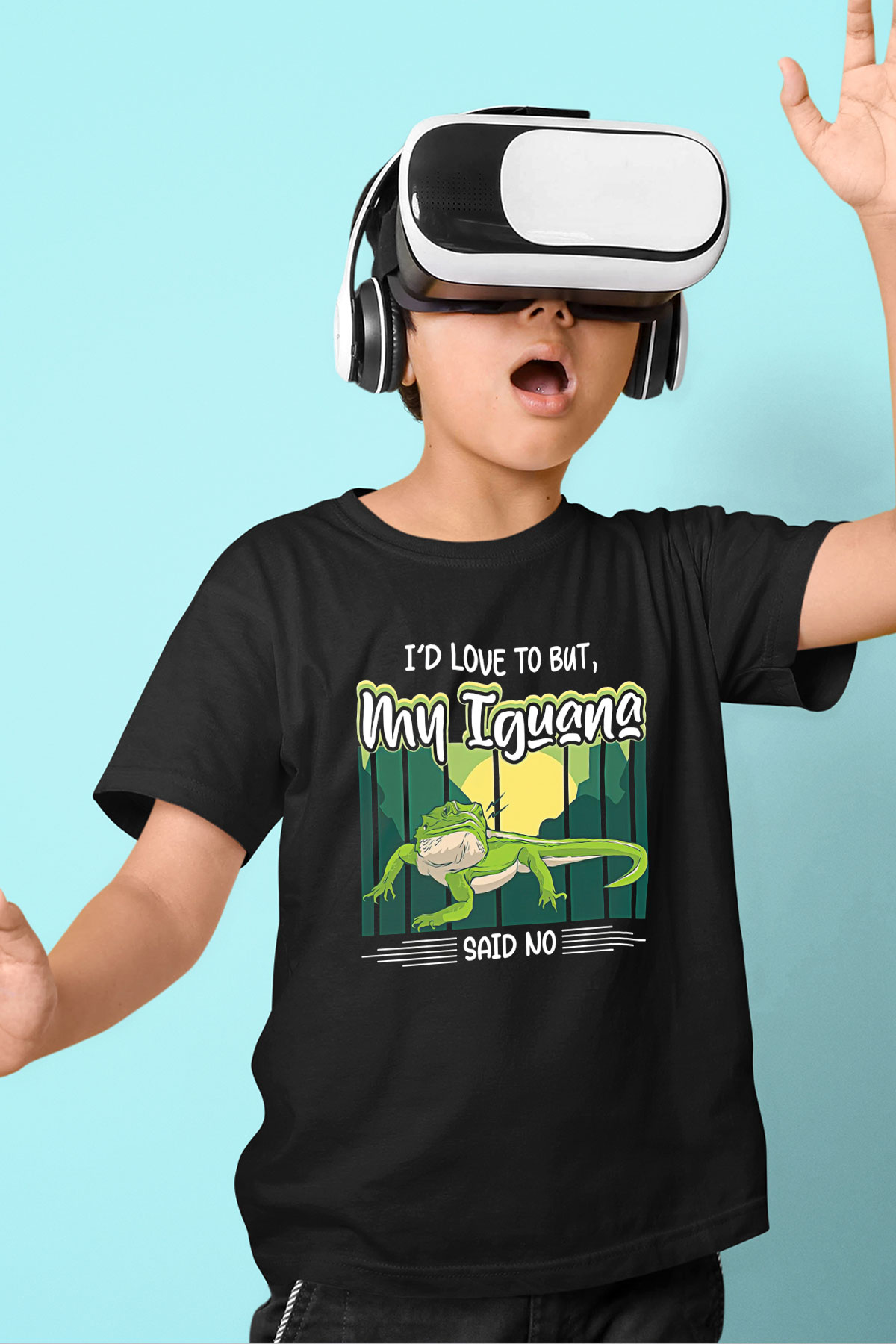 İguana Baskılı Unisex Siyah Çocuk Tişört - Tshirt