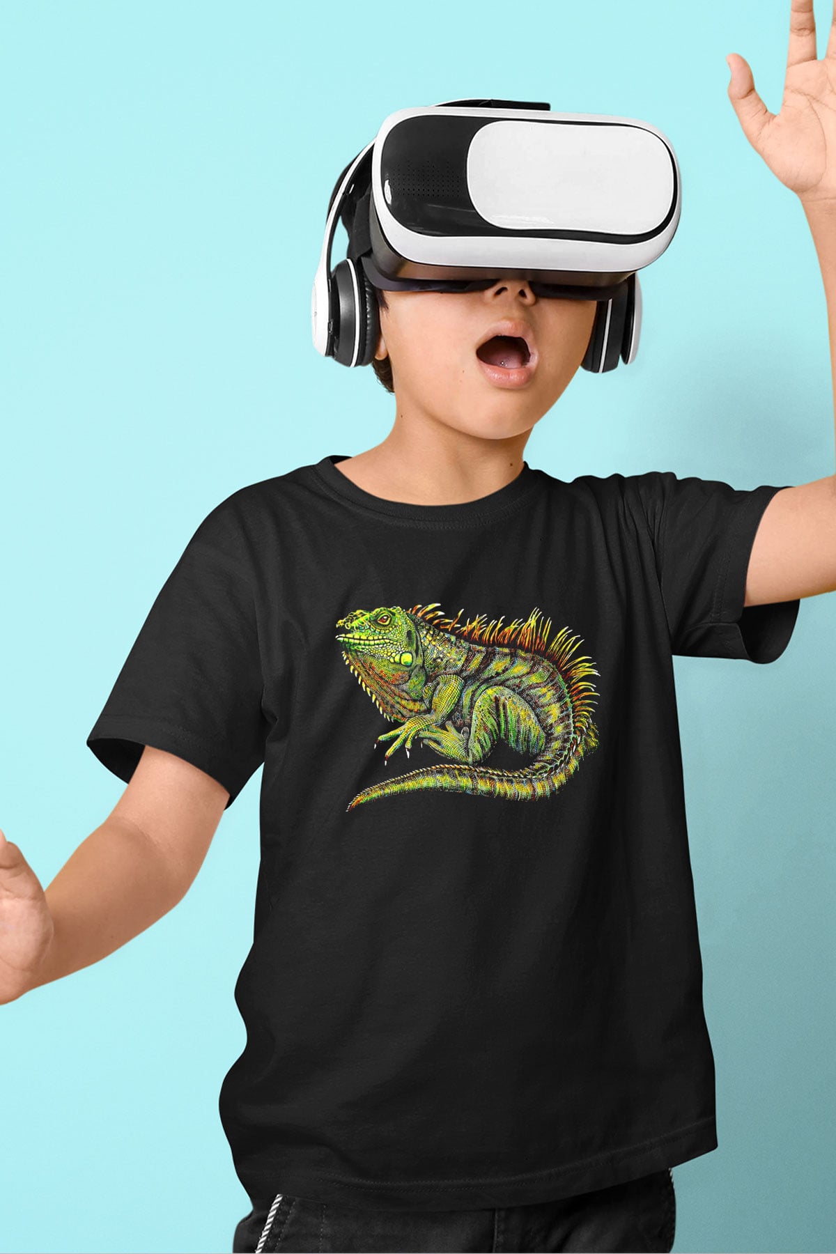 İguana Baskılı Unisex Siyah Çocuk Tişört - Tshirt