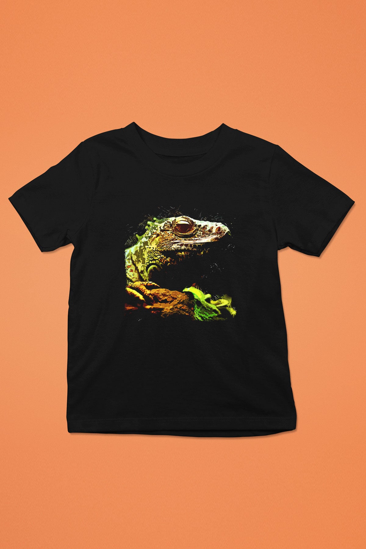 İguana Baskılı Unisex Siyah Çocuk Tişört - Tshirt
