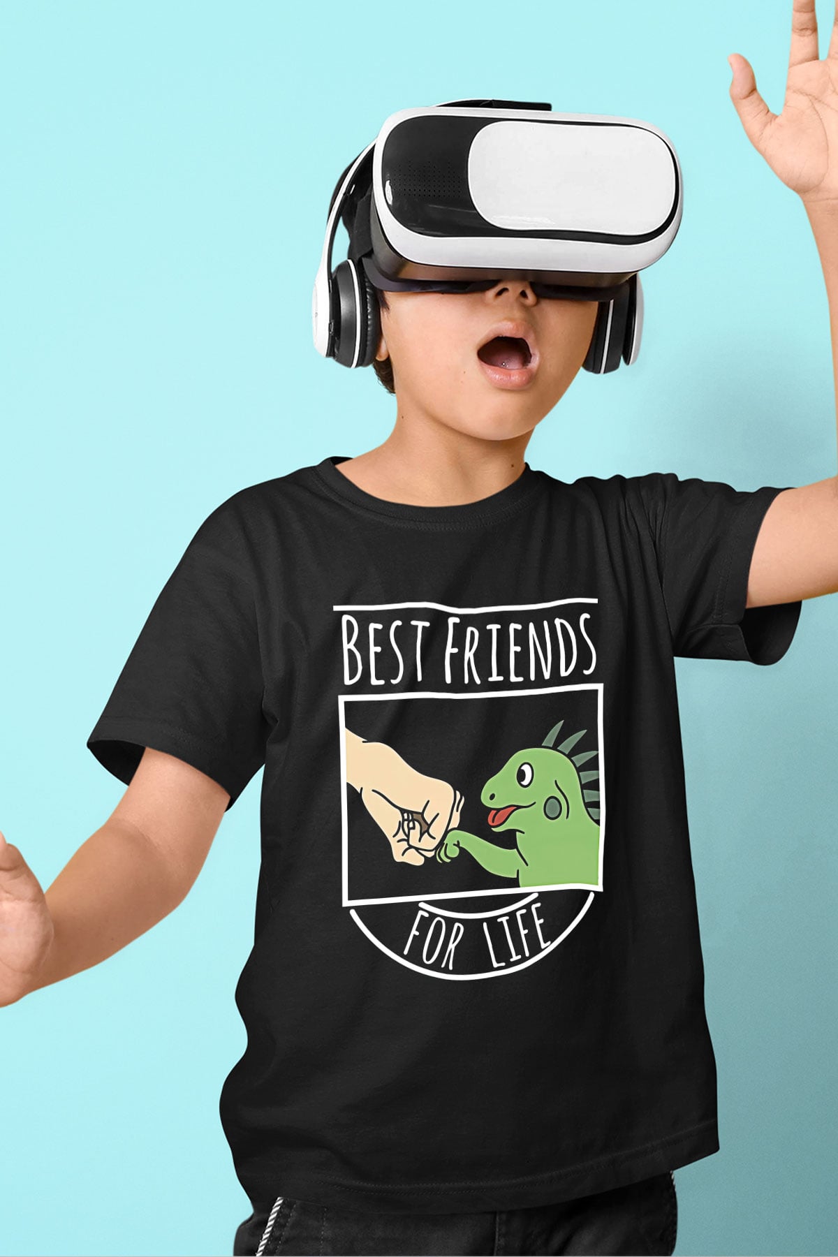 İguana Baskılı Unisex Siyah Çocuk Tişört - Tshirt