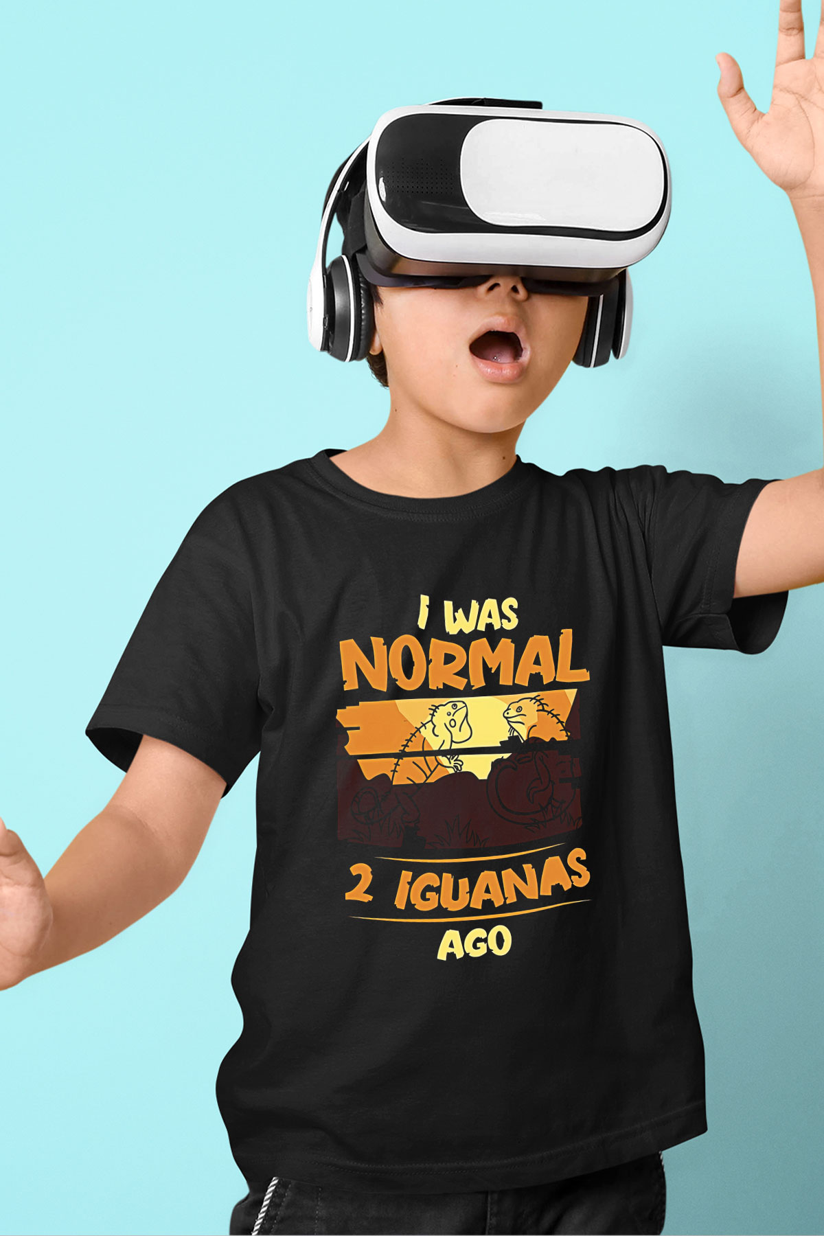 İguana Baskılı Unisex Siyah Çocuk Tişört - Tshirt