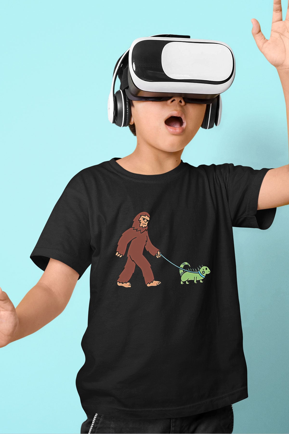İguana Baskılı Unisex Siyah Çocuk Tişört - Tshirt