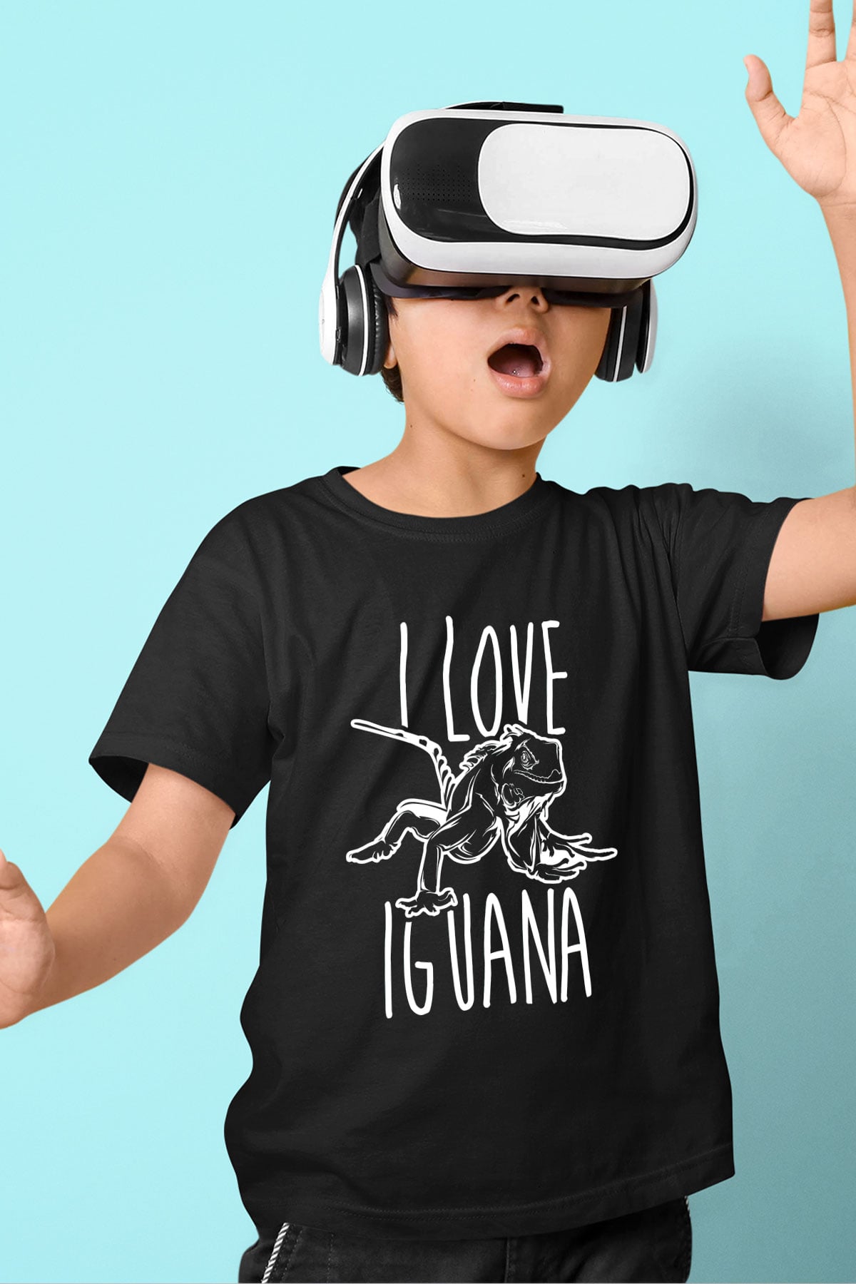 İguana Baskılı Unisex Siyah Çocuk Tişört - Tshirt