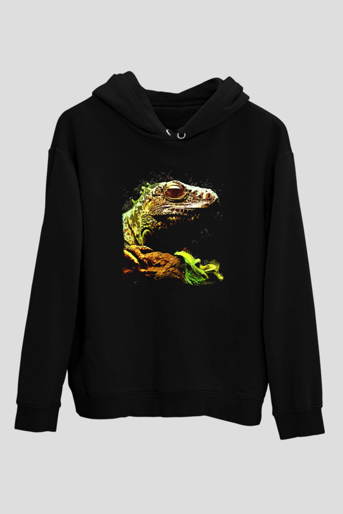 İguana Baskılı Unisex Siyah Hoodie