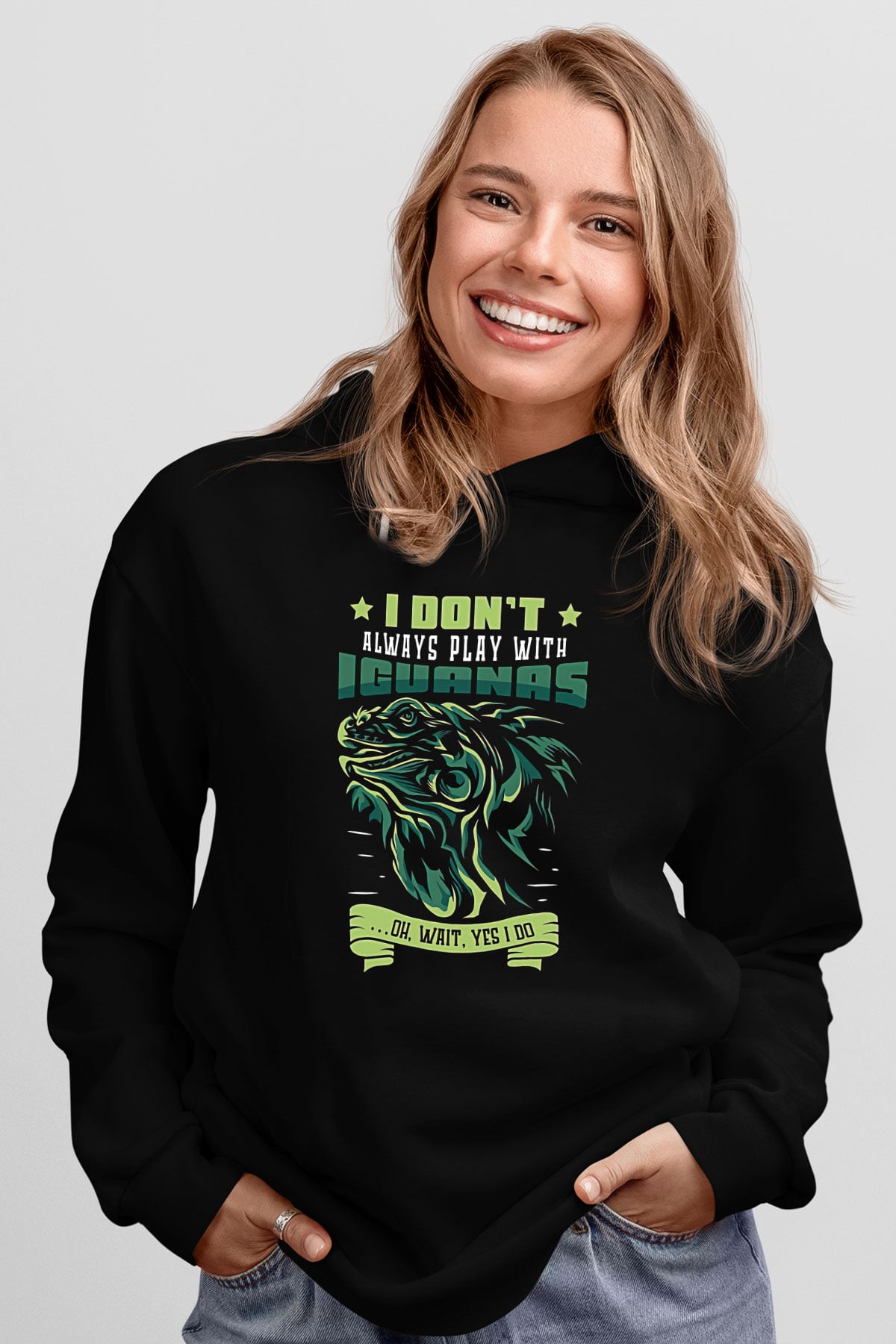İguana Baskılı Unisex Siyah Hoodie