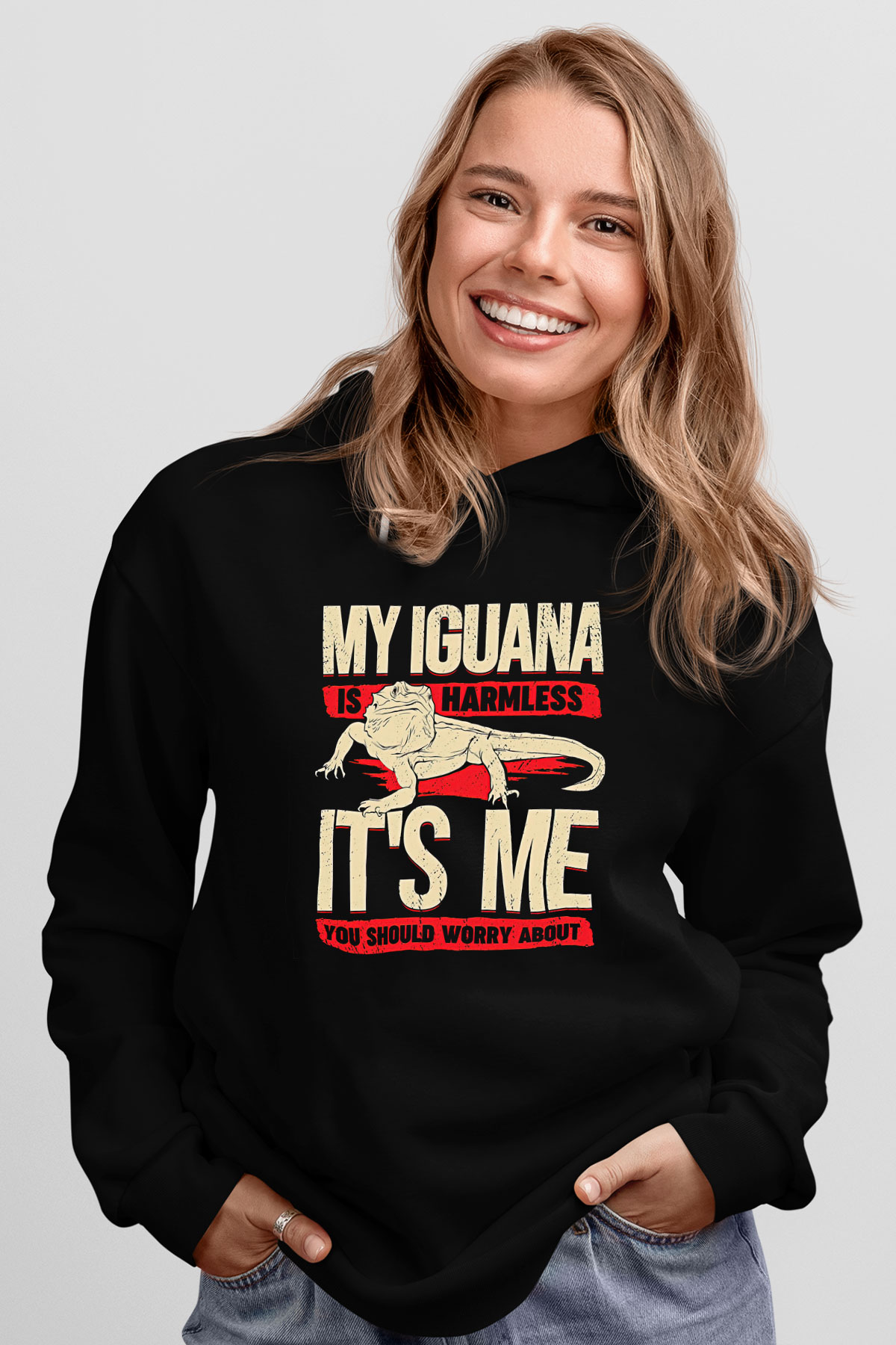 İguana Baskılı Unisex Siyah Hoodie