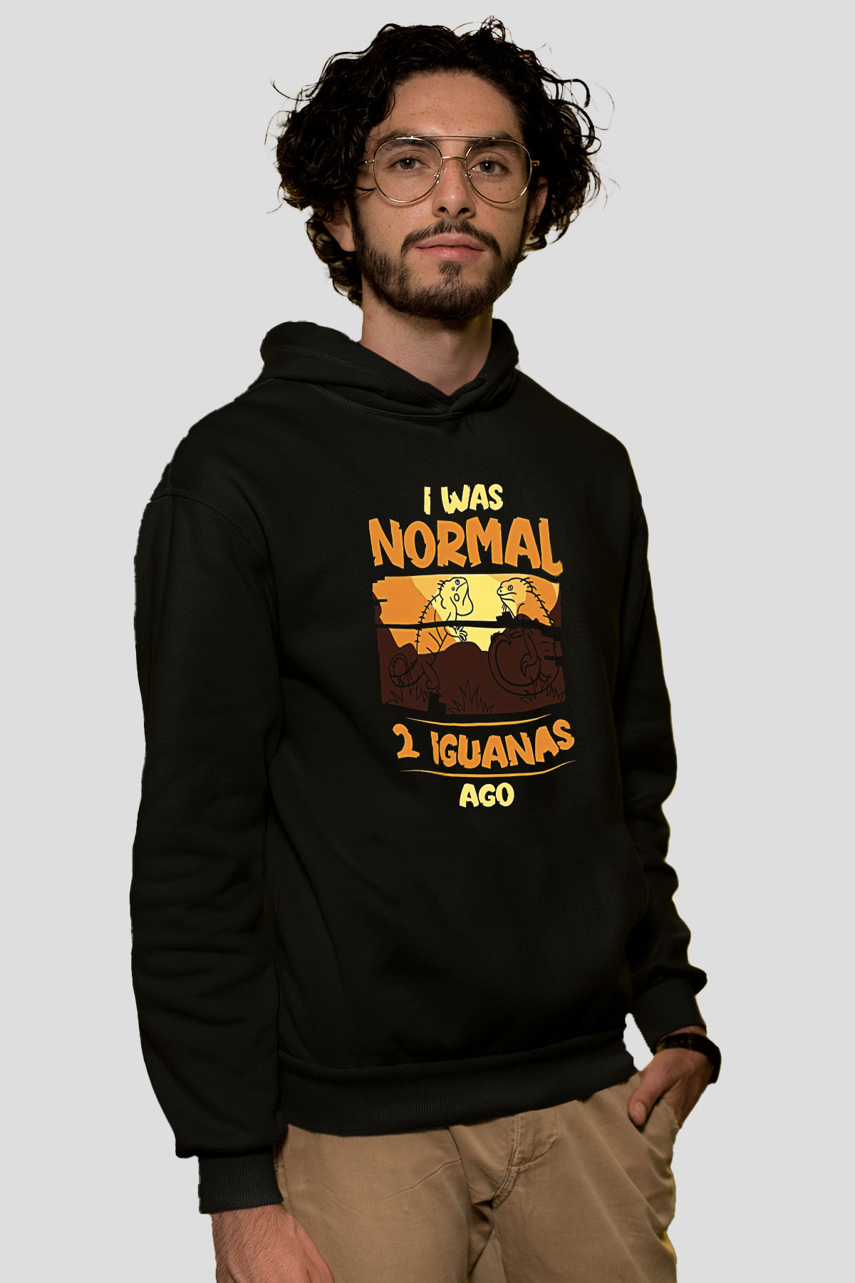İguana Baskılı Unisex Siyah Hoodie