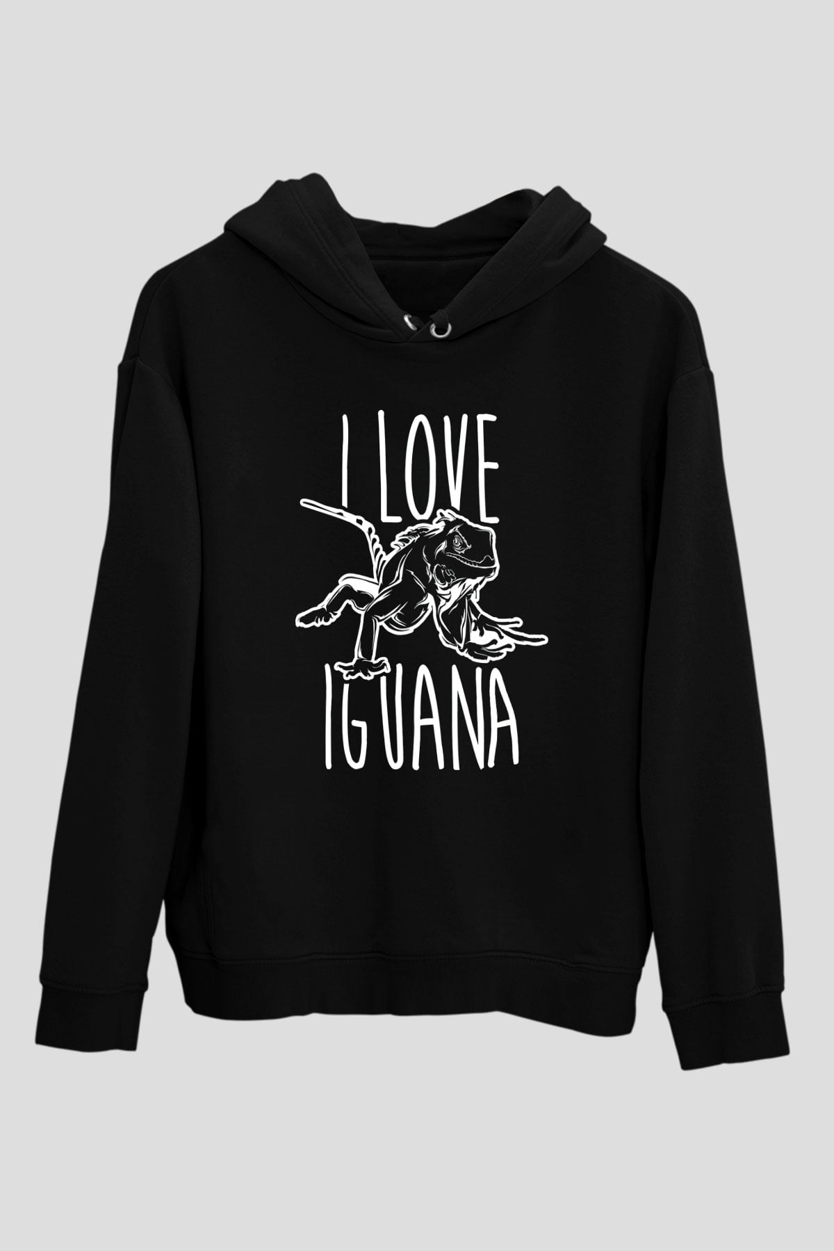 İguana Baskılı Unisex Siyah Hoodie