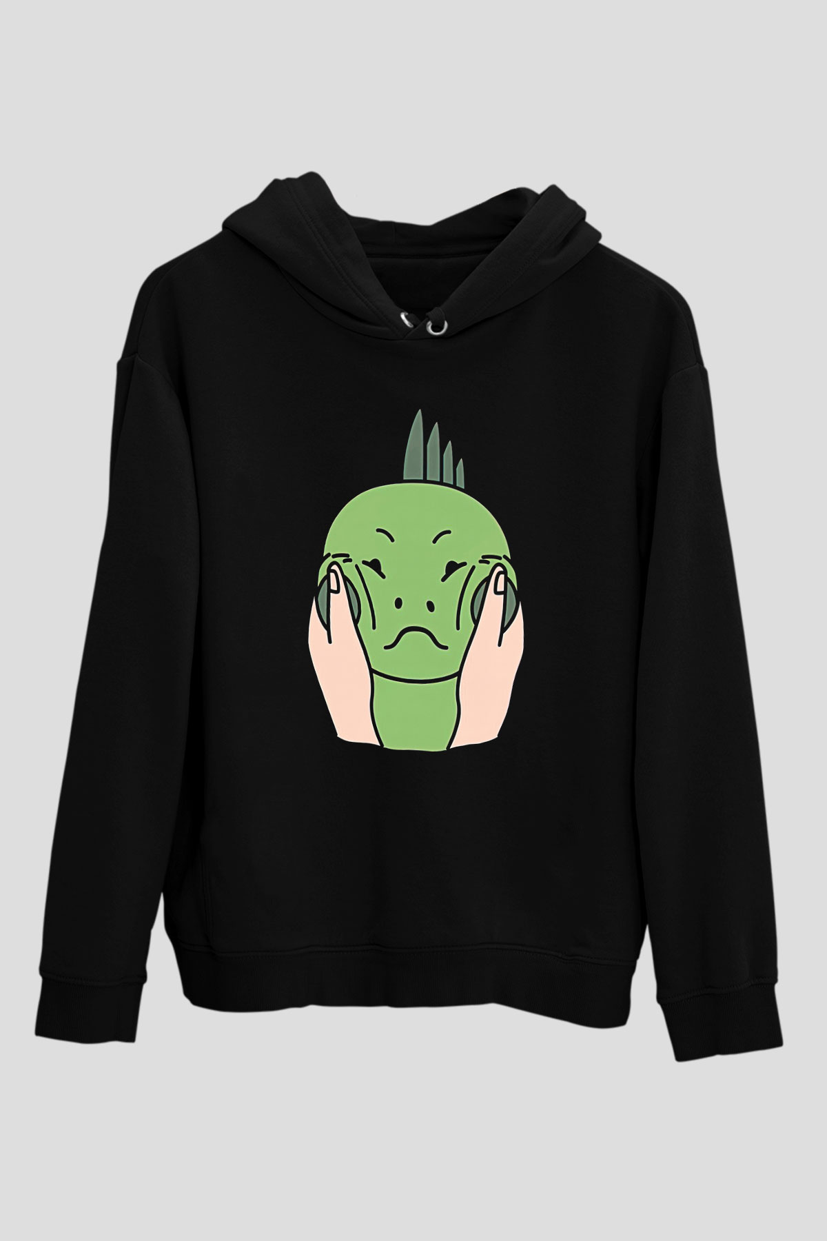 İguana Baskılı Unisex Siyah Hoodie