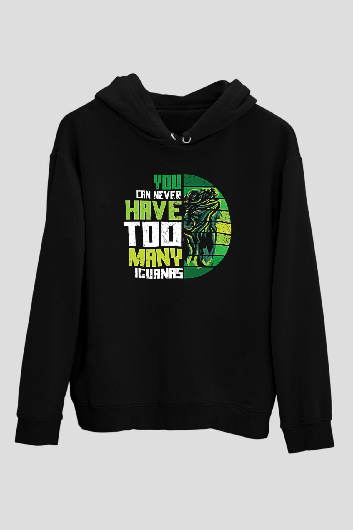İguana Baskılı Unisex Siyah Hoodie