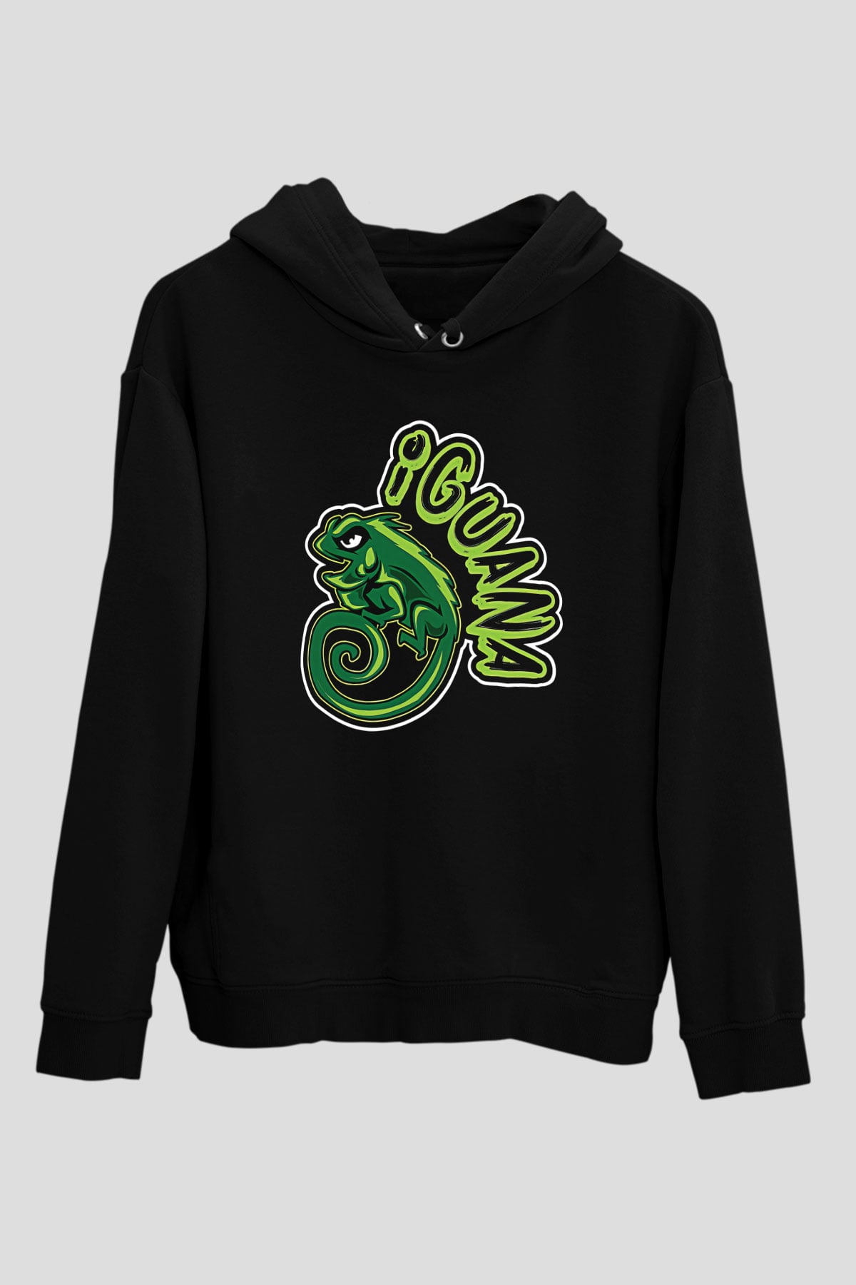İguana Baskılı Unisex Siyah Hoodie