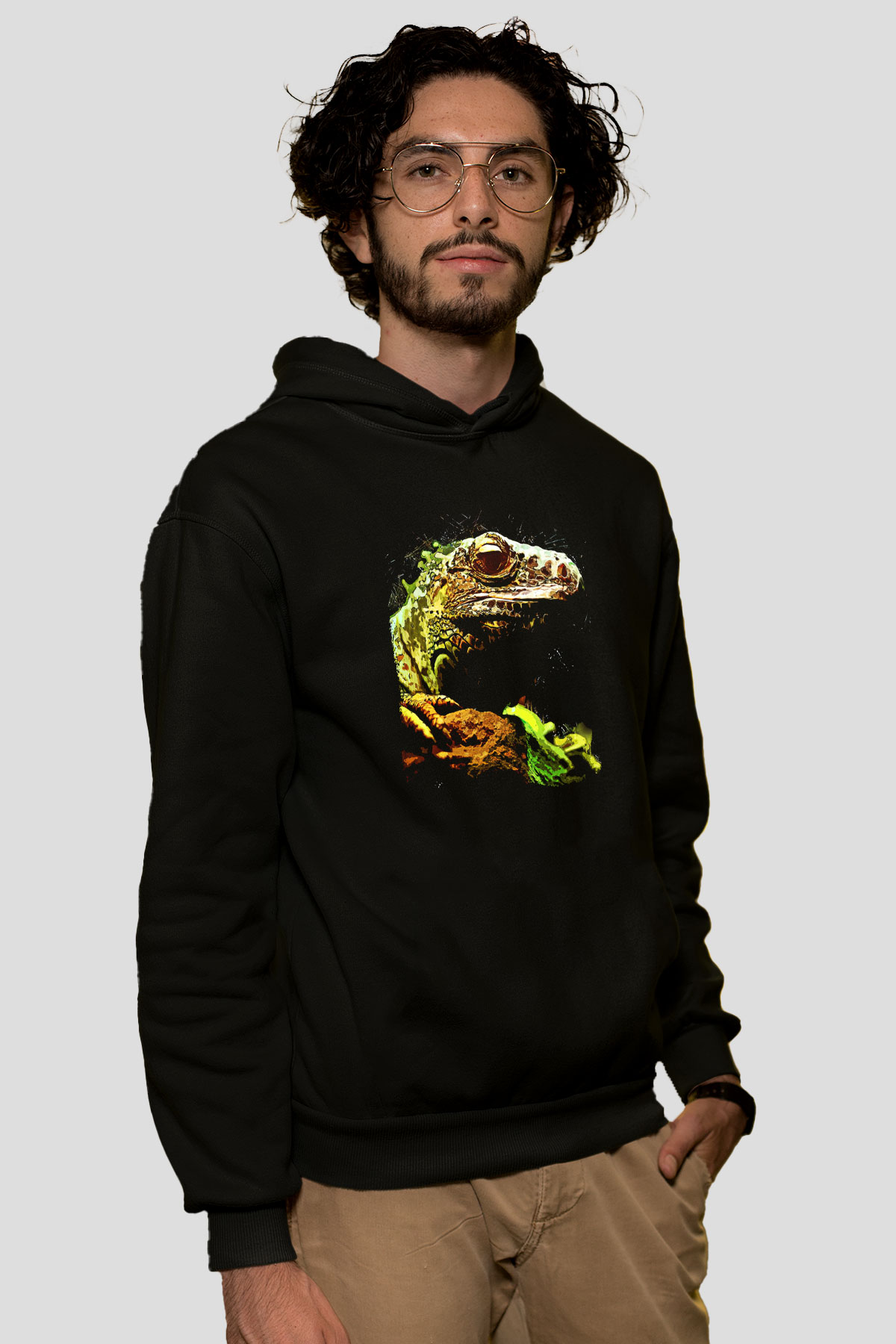 İguana Baskılı Unisex Siyah Hoodie