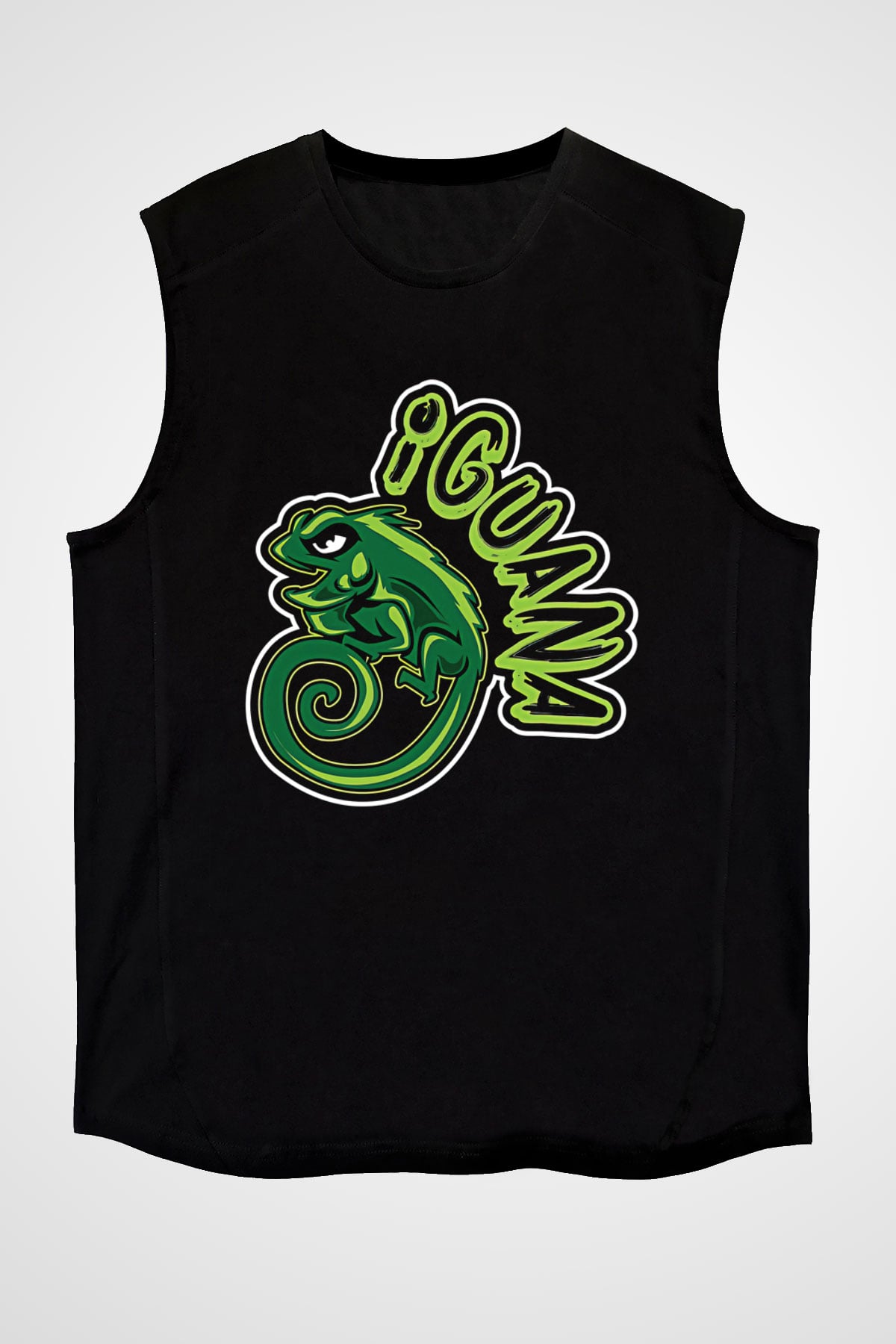 İguana Baskılı Unisex Siyah Kolsuz Tişört - Tshirt