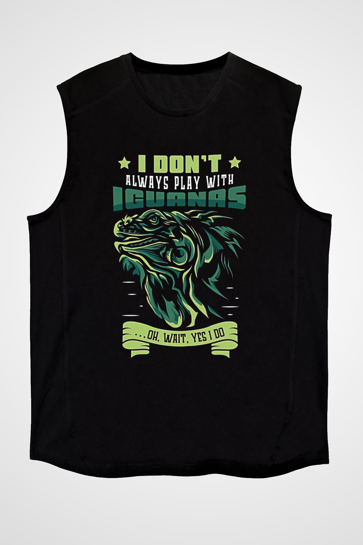İguana Baskılı Unisex Siyah Kolsuz Tişört - Tshirt