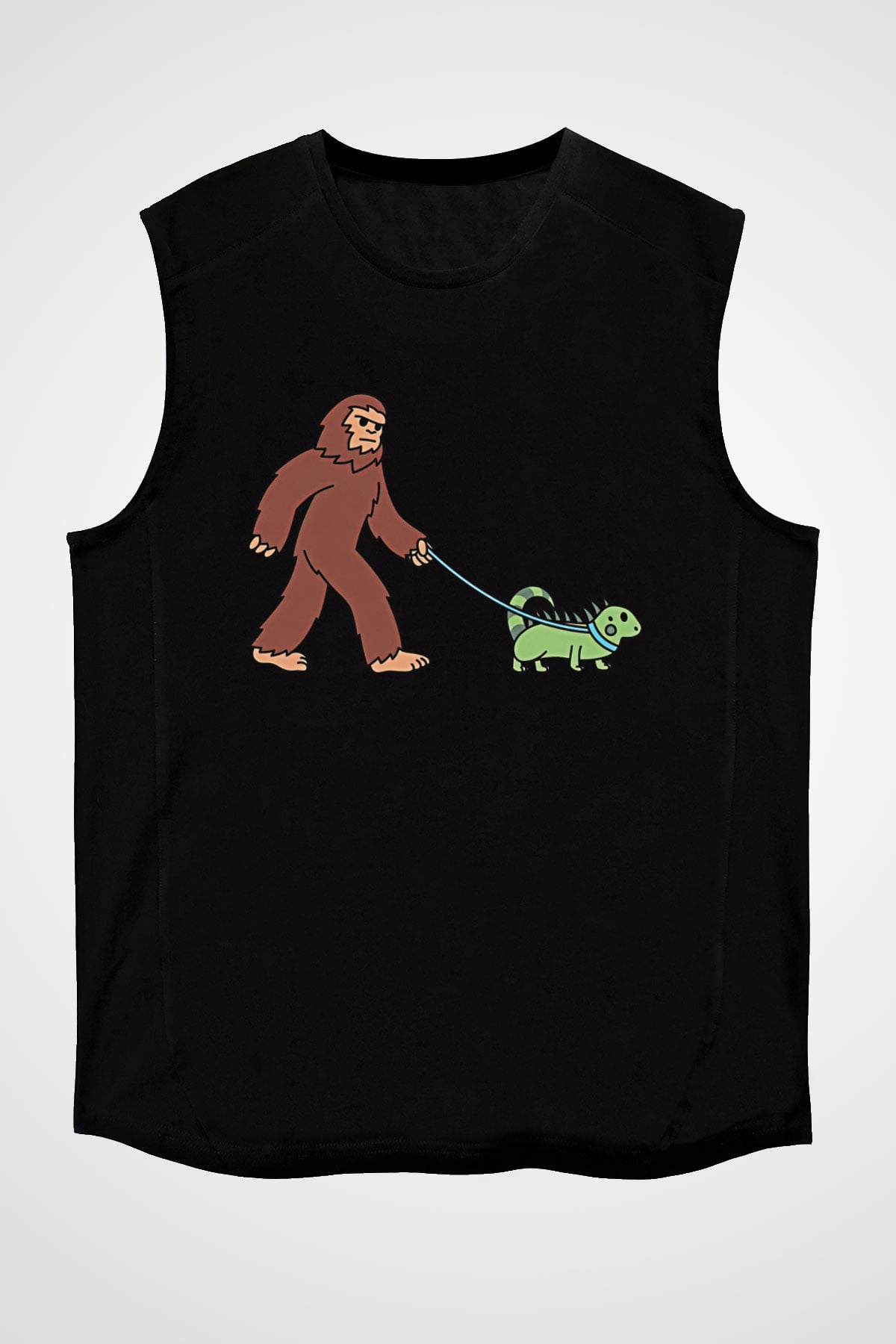 İguana Baskılı Unisex Siyah Kolsuz Tişört - Tshirt