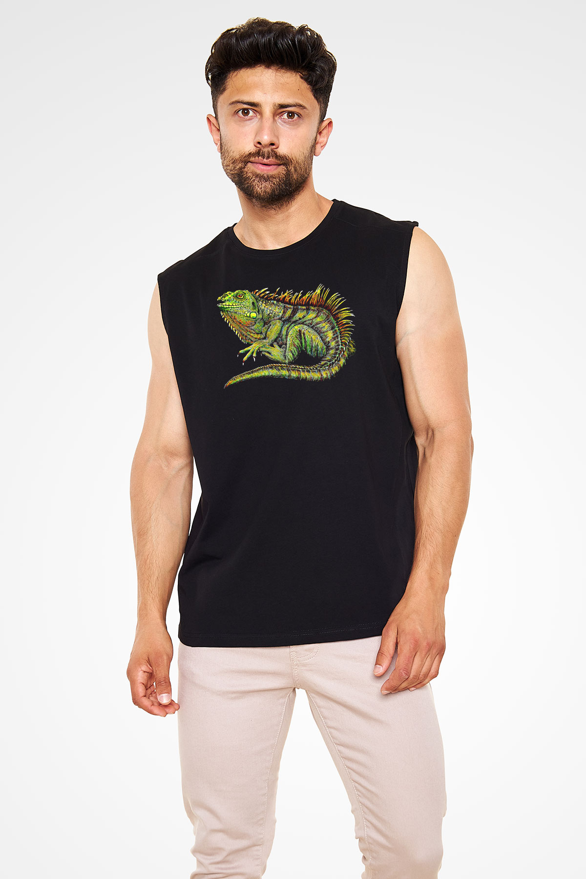İguana Baskılı Unisex Siyah Kolsuz Tişört - Tshirt