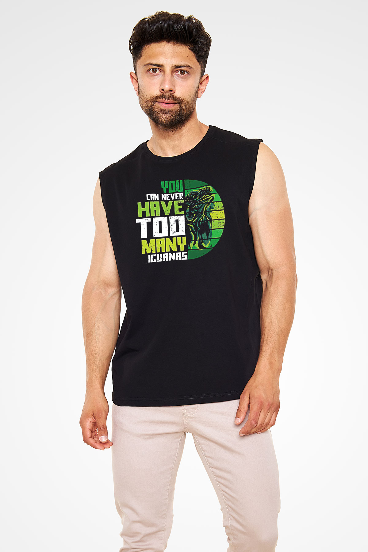 İguana Baskılı Unisex Siyah Kolsuz Tişört - Tshirt