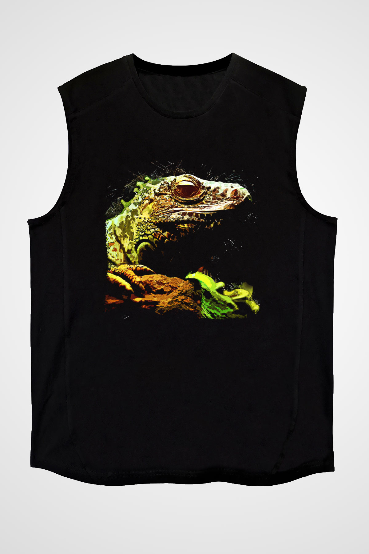 İguana Baskılı Unisex Siyah Kolsuz Tişört - Tshirt
