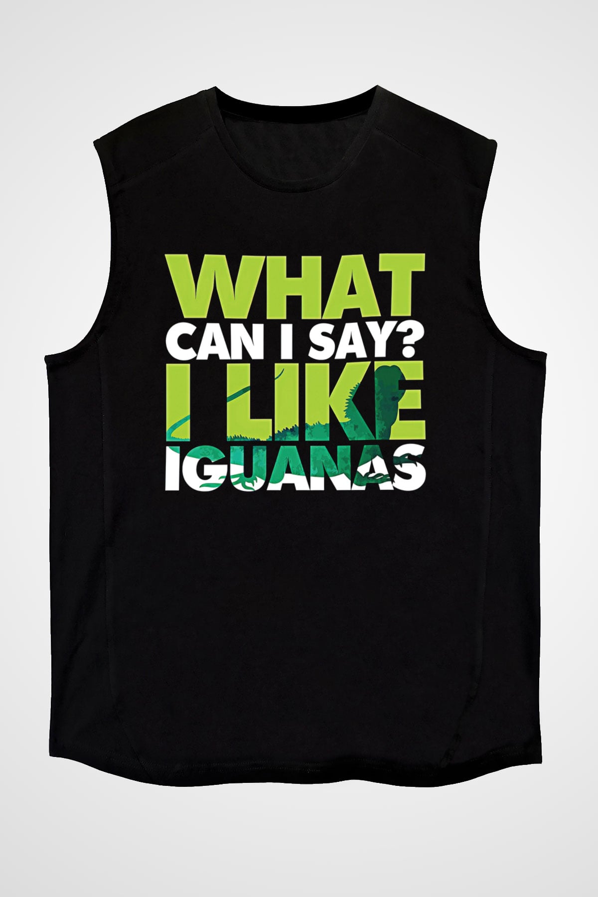 İguana Baskılı Unisex Siyah Kolsuz Tişört - Tshirt