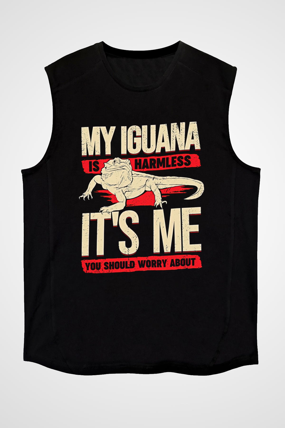 İguana Baskılı Unisex Siyah Kolsuz Tişört - Tshirt