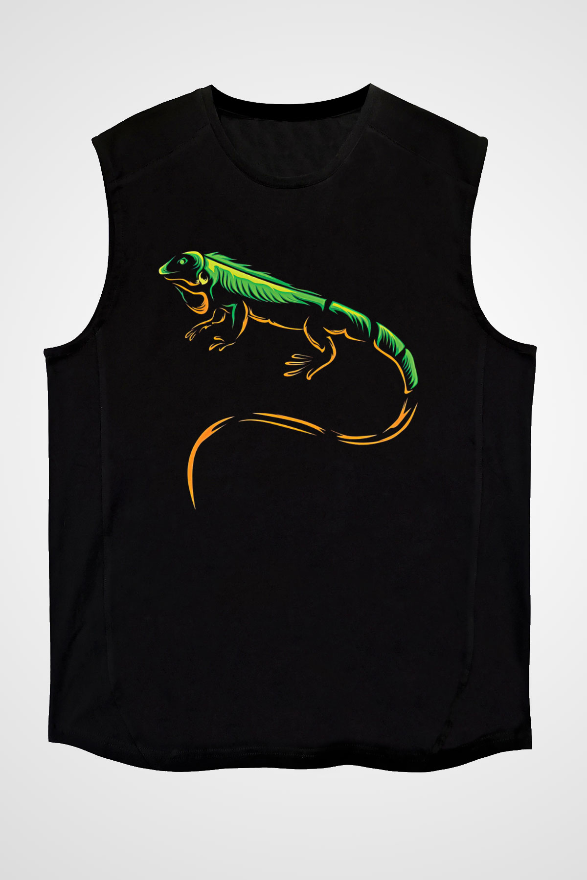 İguana Baskılı Unisex Siyah Kolsuz Tişört - Tshirt
