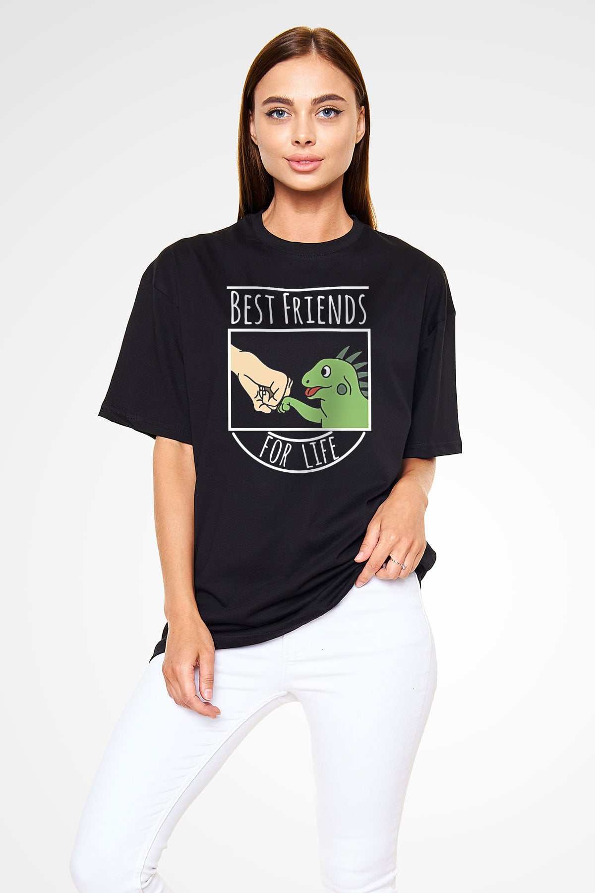 İguana Baskılı Unisex Siyah Oversize Tişört - Tshirt
