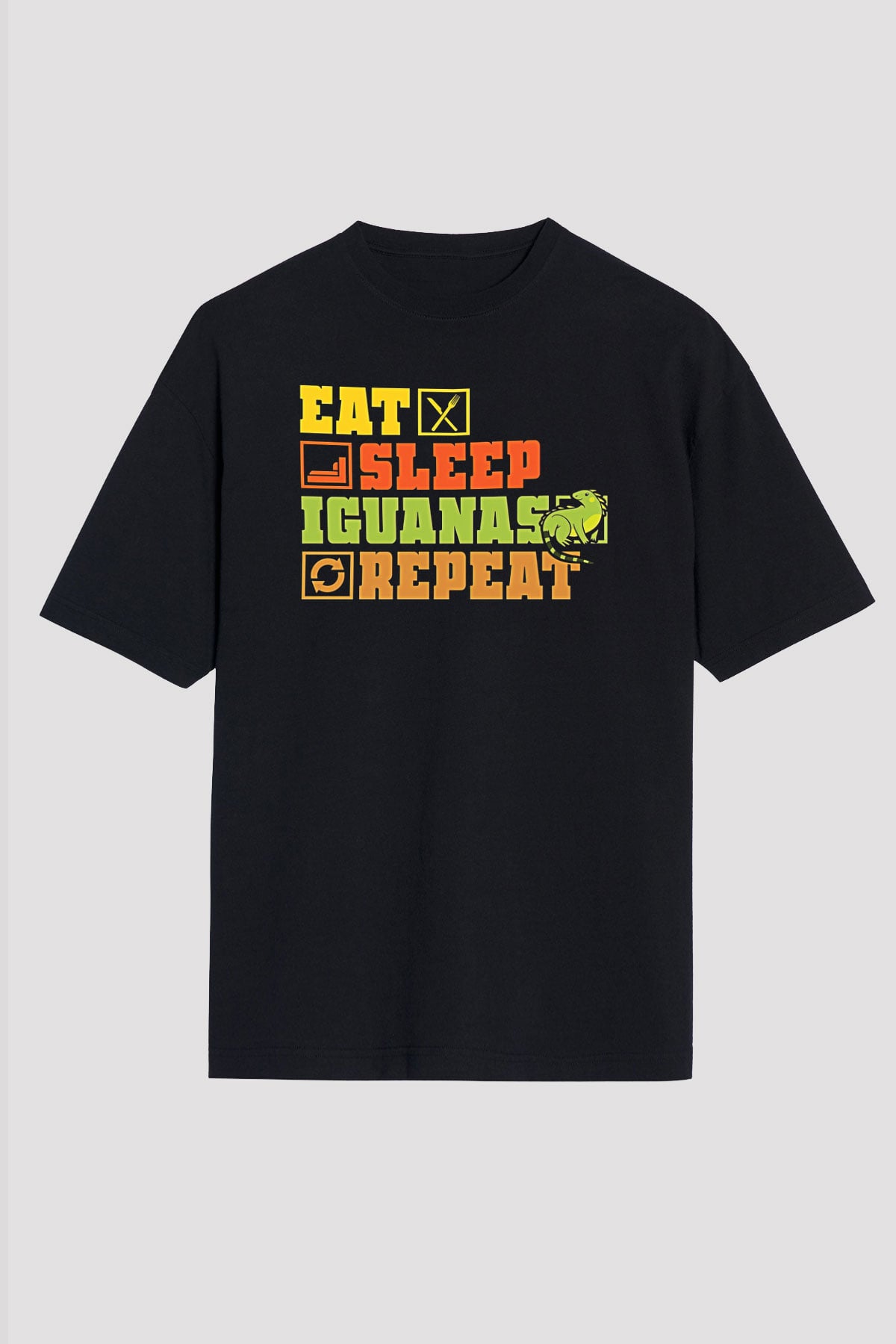 İguana Baskılı Unisex Siyah Oversize Tişört - Tshirt