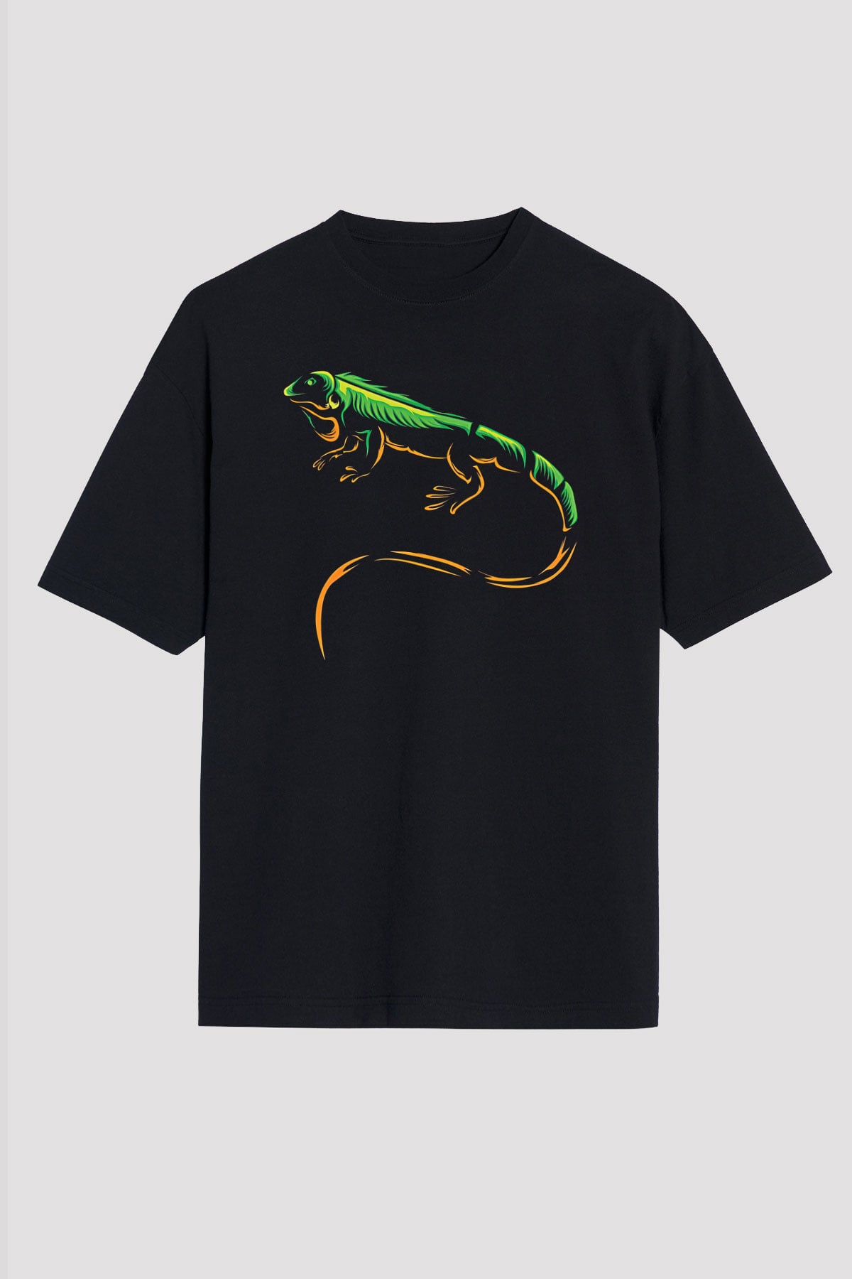 İguana Baskılı Unisex Siyah Oversize Tişört - Tshirt