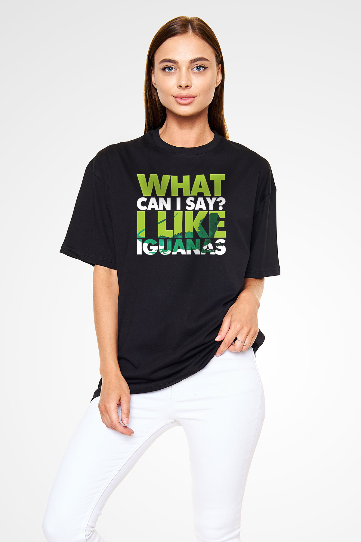 İguana Baskılı Unisex Siyah Oversize Tişört - Tshirt