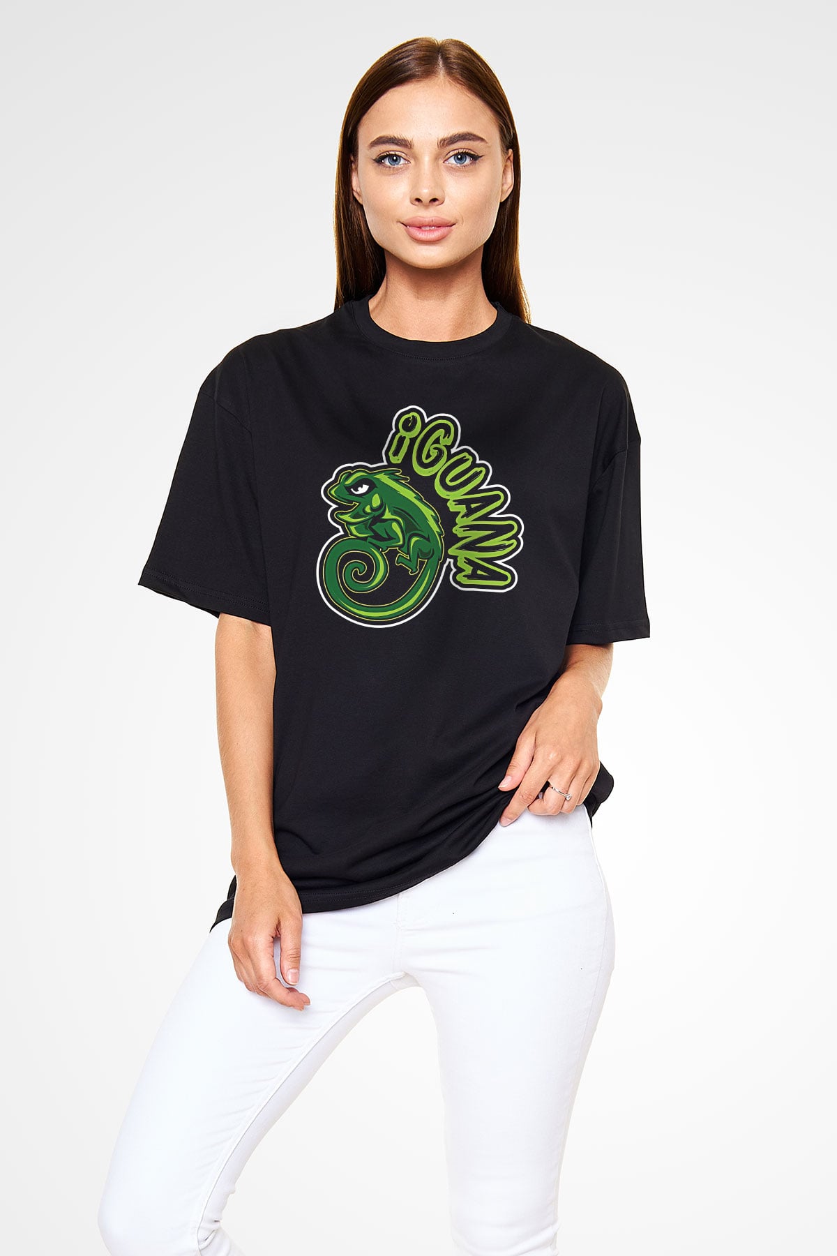 İguana Baskılı Unisex Siyah Oversize Tişört - Tshirt