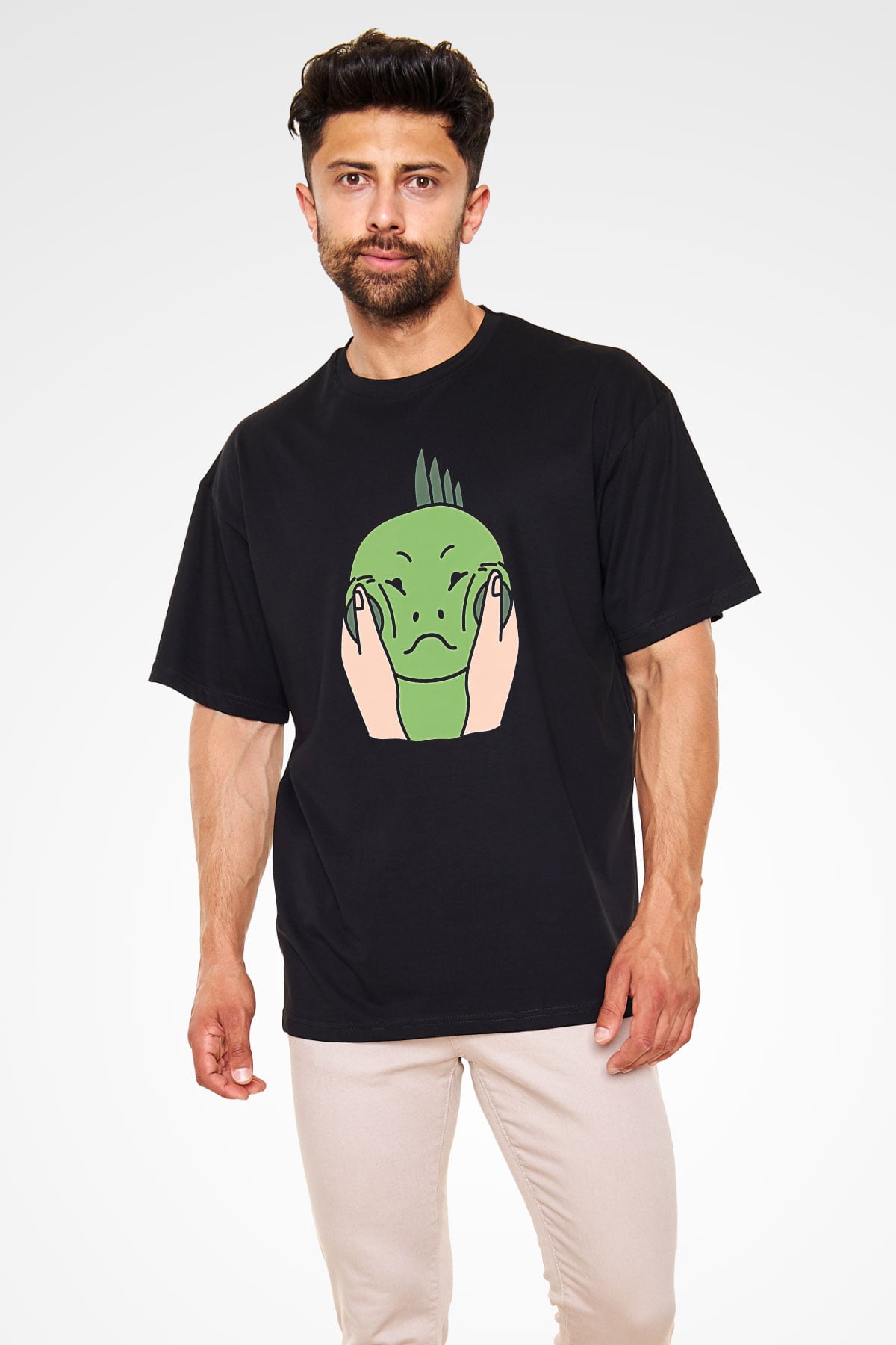 İguana Baskılı Unisex Siyah Oversize Tişört - Tshirt