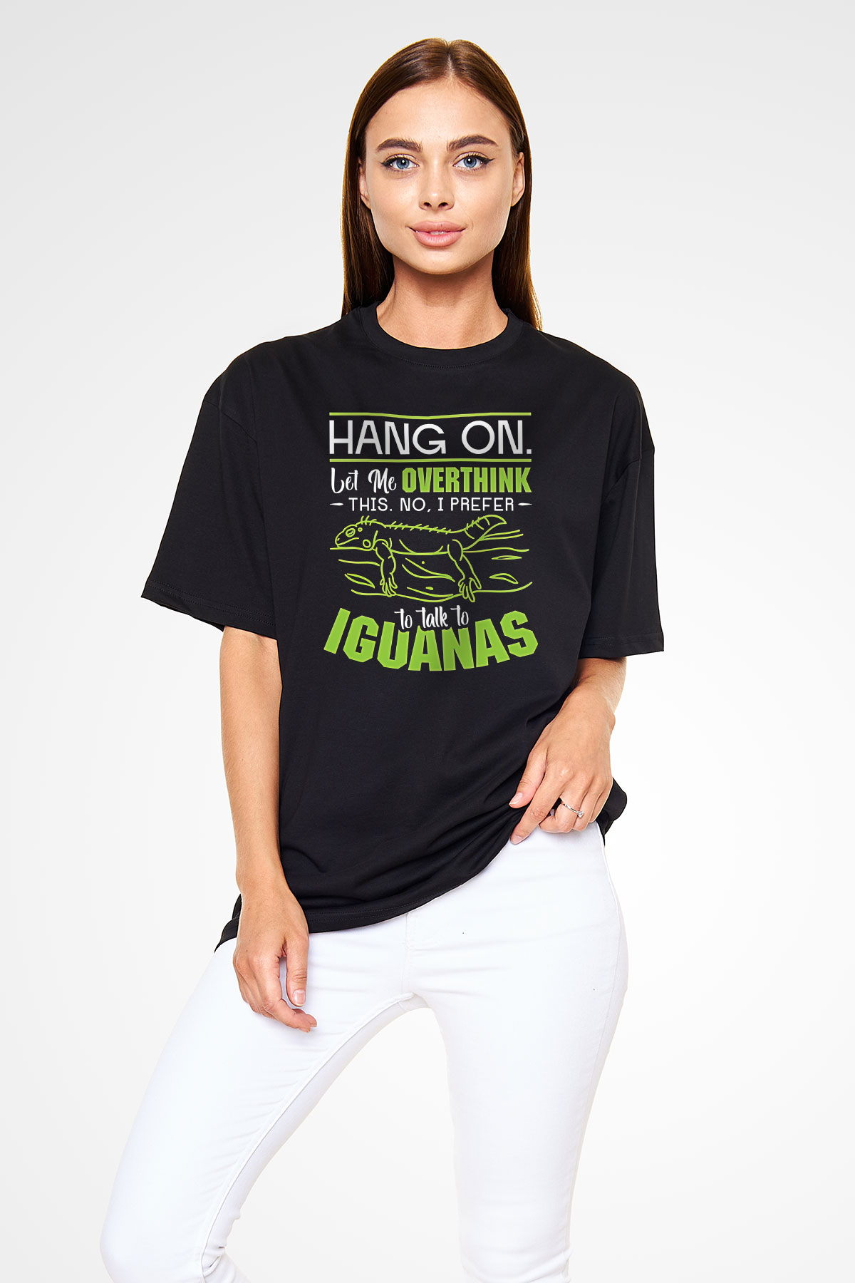 İguana Baskılı Unisex Siyah Oversize Tişört - Tshirt