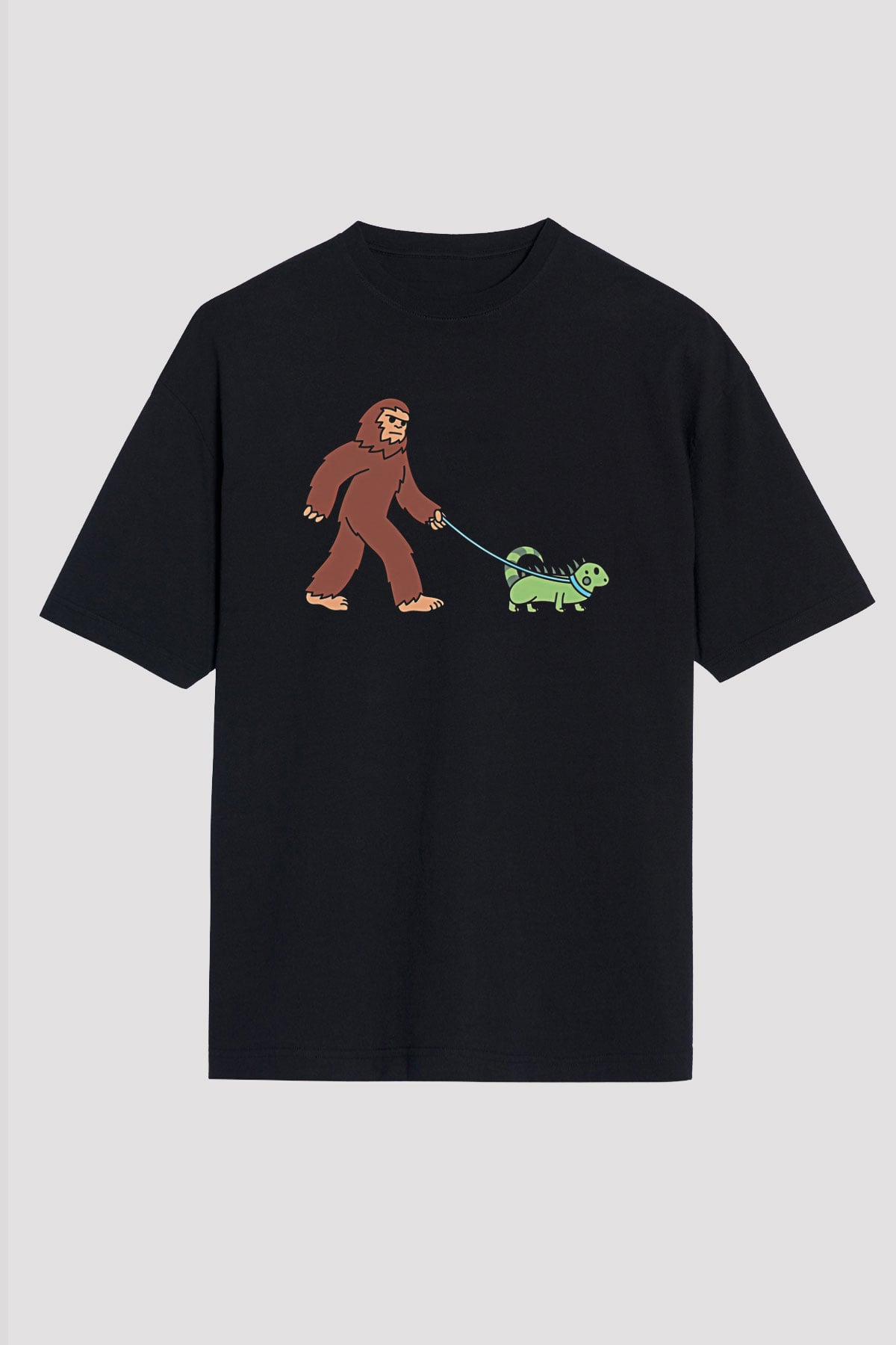 İguana Baskılı Unisex Siyah Oversize Tişört - Tshirt