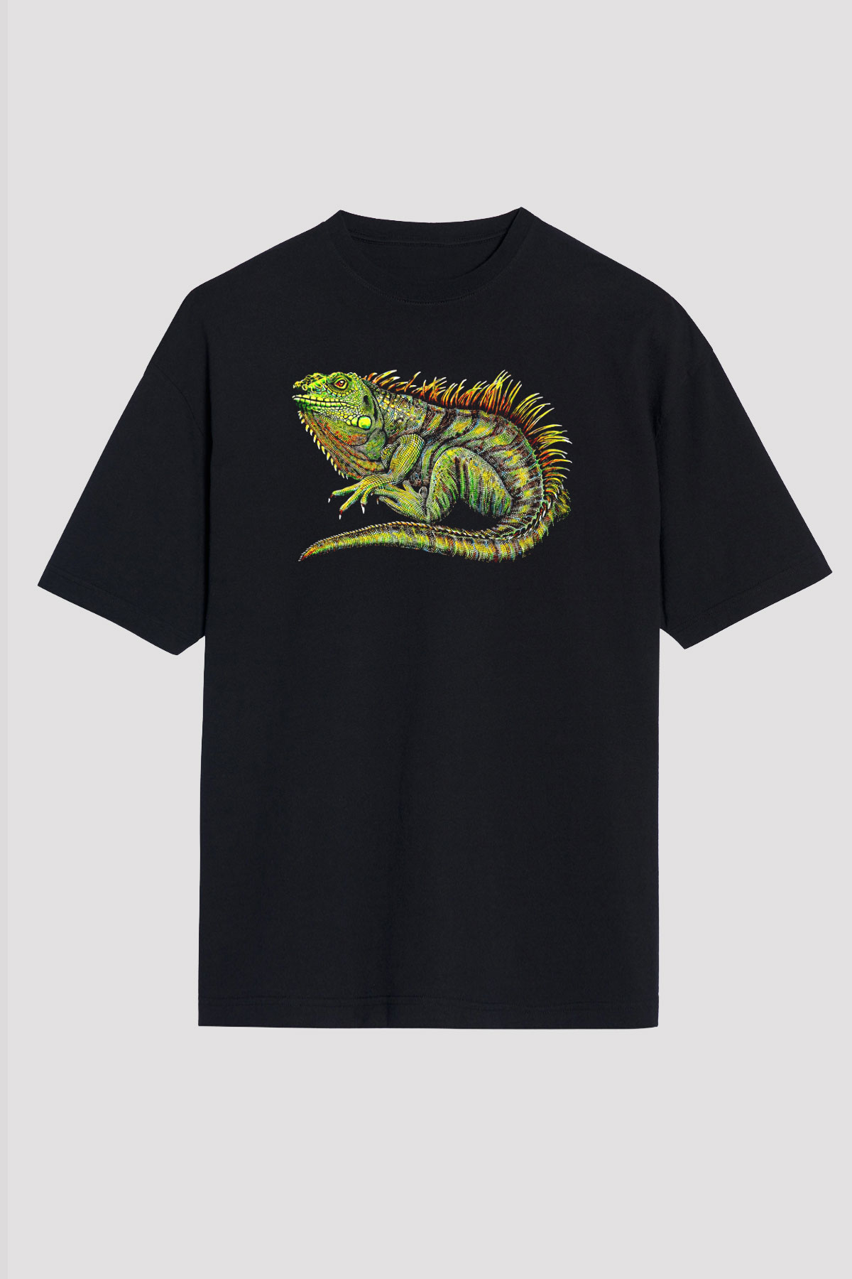 İguana Baskılı Unisex Siyah Oversize Tişört - Tshirt