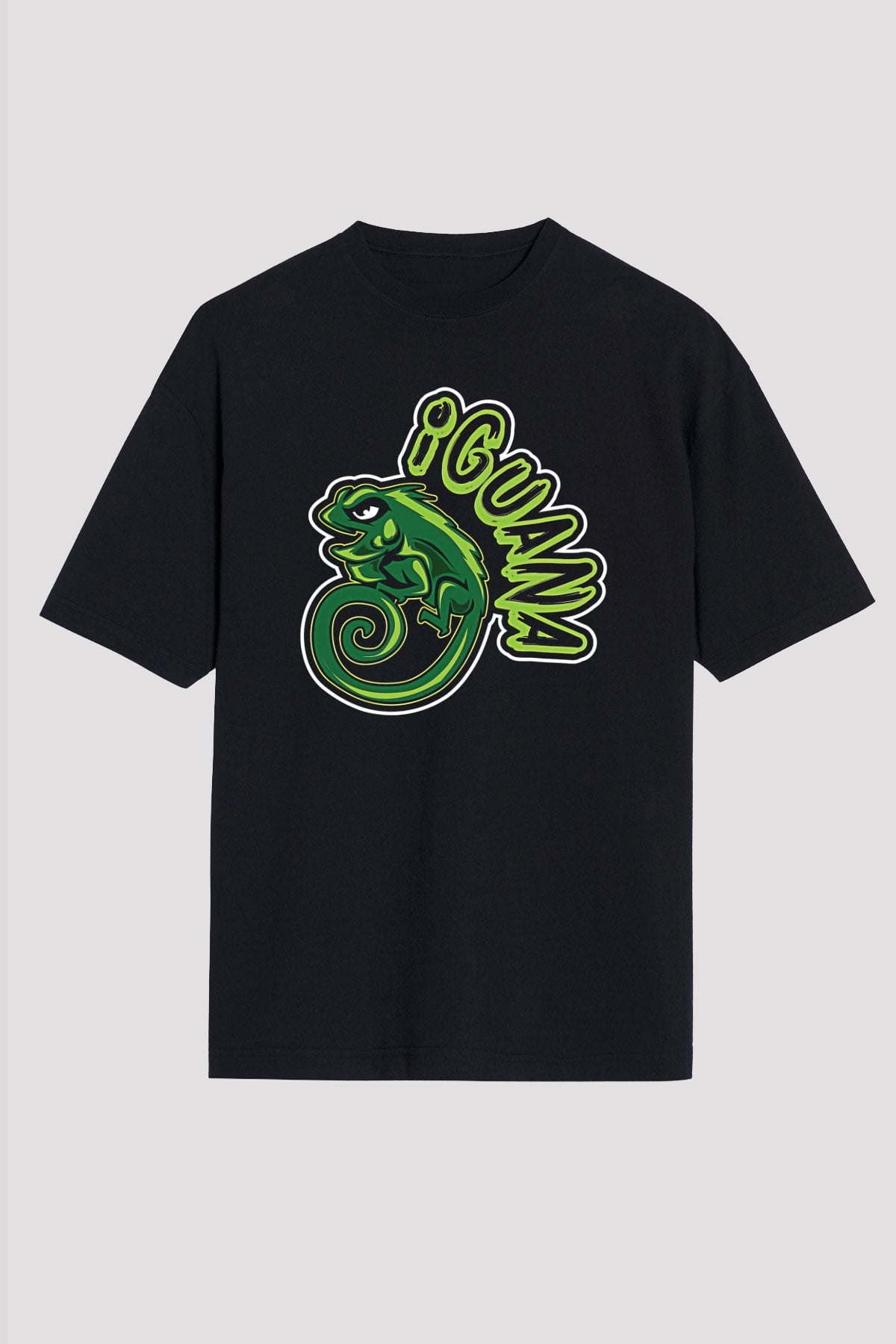 İguana Baskılı Unisex Siyah Oversize Tişört - Tshirt
